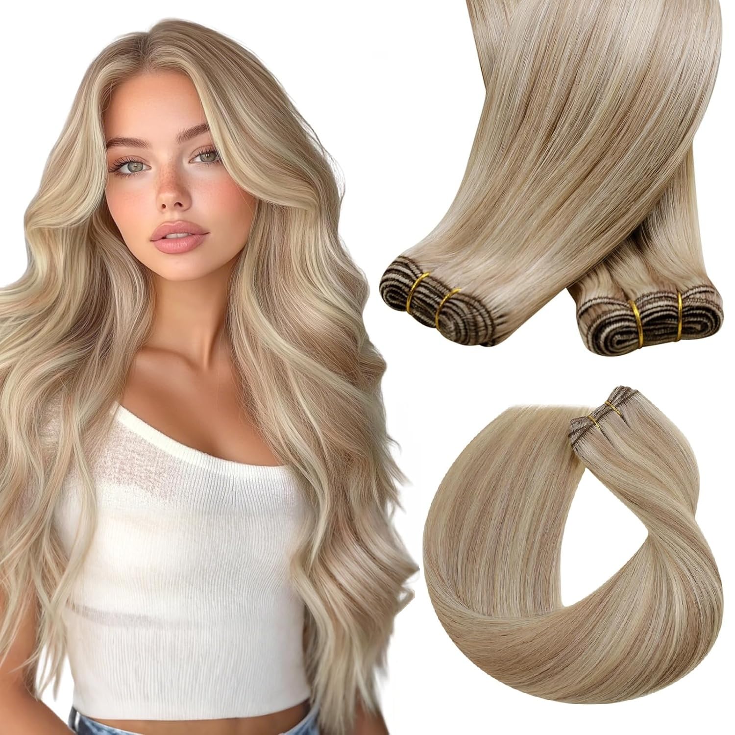 Sunny Hair Sew in Hair Extensions Real Human Hair Blonde 14inch Weft Hair Extensions Human Hair Ash Blonde Highlights Bleach Blo