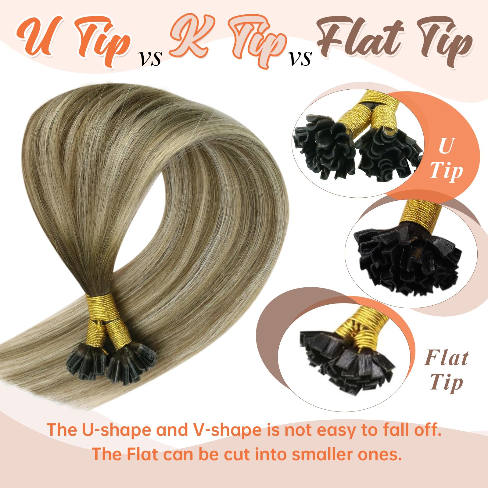 Sunny Hair U Tip Hair Extensions Brown Ombre 50G U Tip Hair Extensions Human Hair Cool Brown Balayage Light Brown Highlight Blon