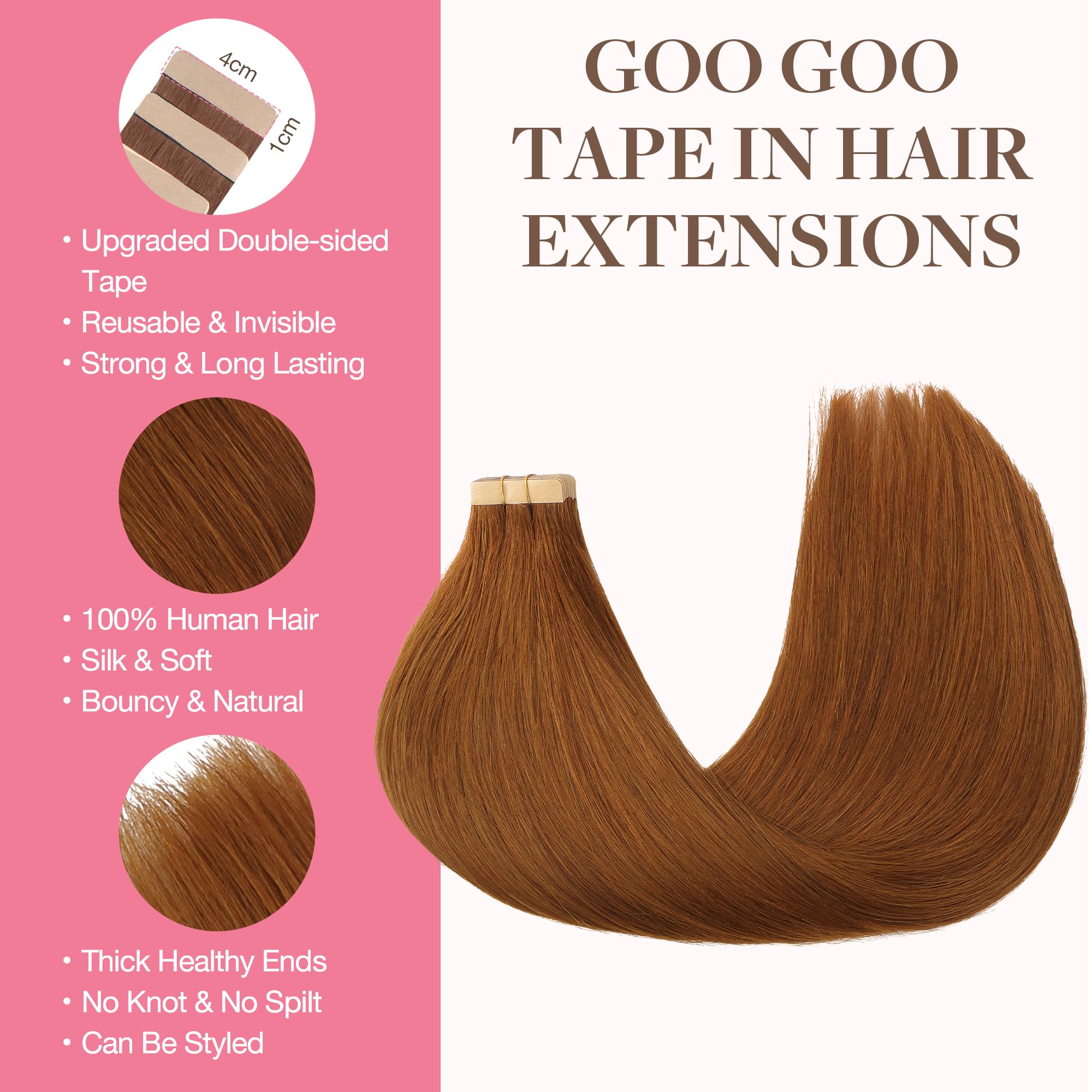 Goo Goo Tape In Hair Extensions Human Hair, 350 Copper, 10Inch 60G 40Pcs, Thick Ends Straight Seamless Tape In, Invisible Tape I