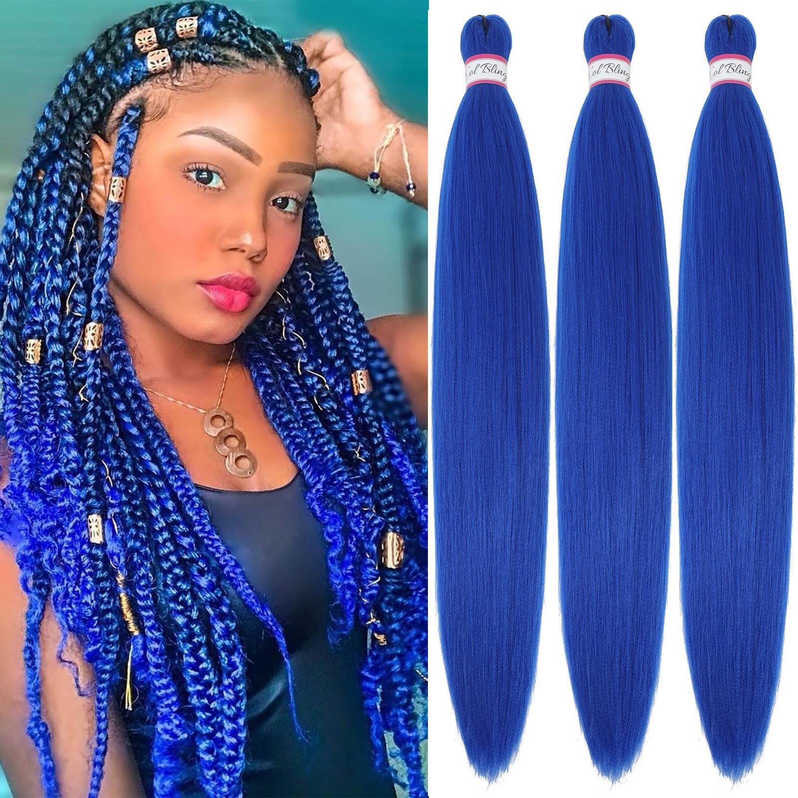 Col Bling Blue Braiding Hair Pre Stretched, 28 Inch Long Braid Hair Extensions for Women, Box Braids Hair Yaki Texture, Professi