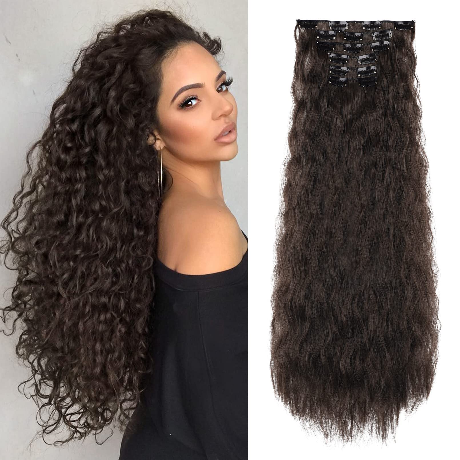 LONAI 6PCS Clip In Hair Extensions 24'' Black Brown Hair Extension Long Mermaid Waves Synthetic Clip On Hairpiece For Women