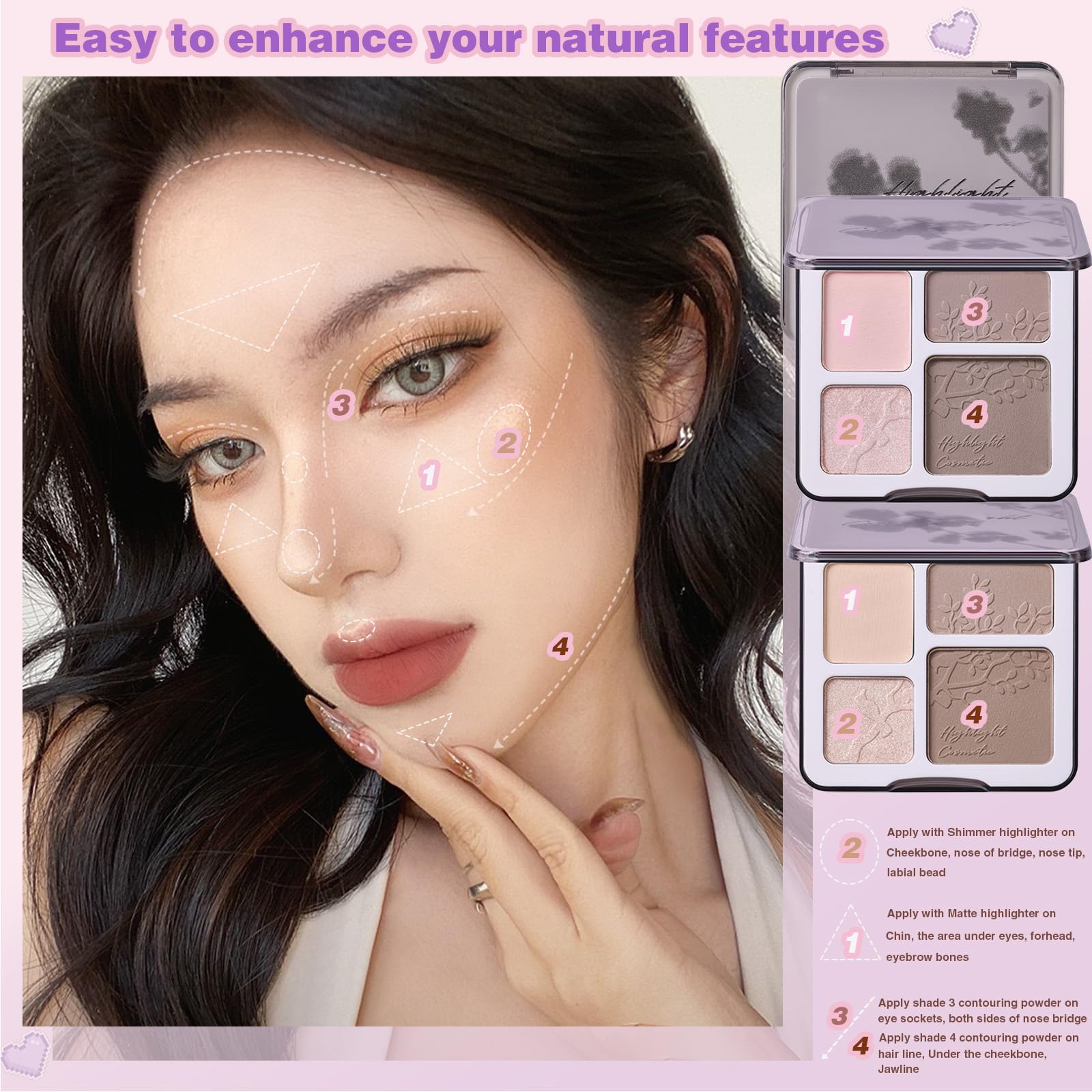 Lilyloria Face Highlighter Contour Shading Palette Sculpting Long-Lasting Shimmer Pressed Powder Smooth Matte Finish Makeup For