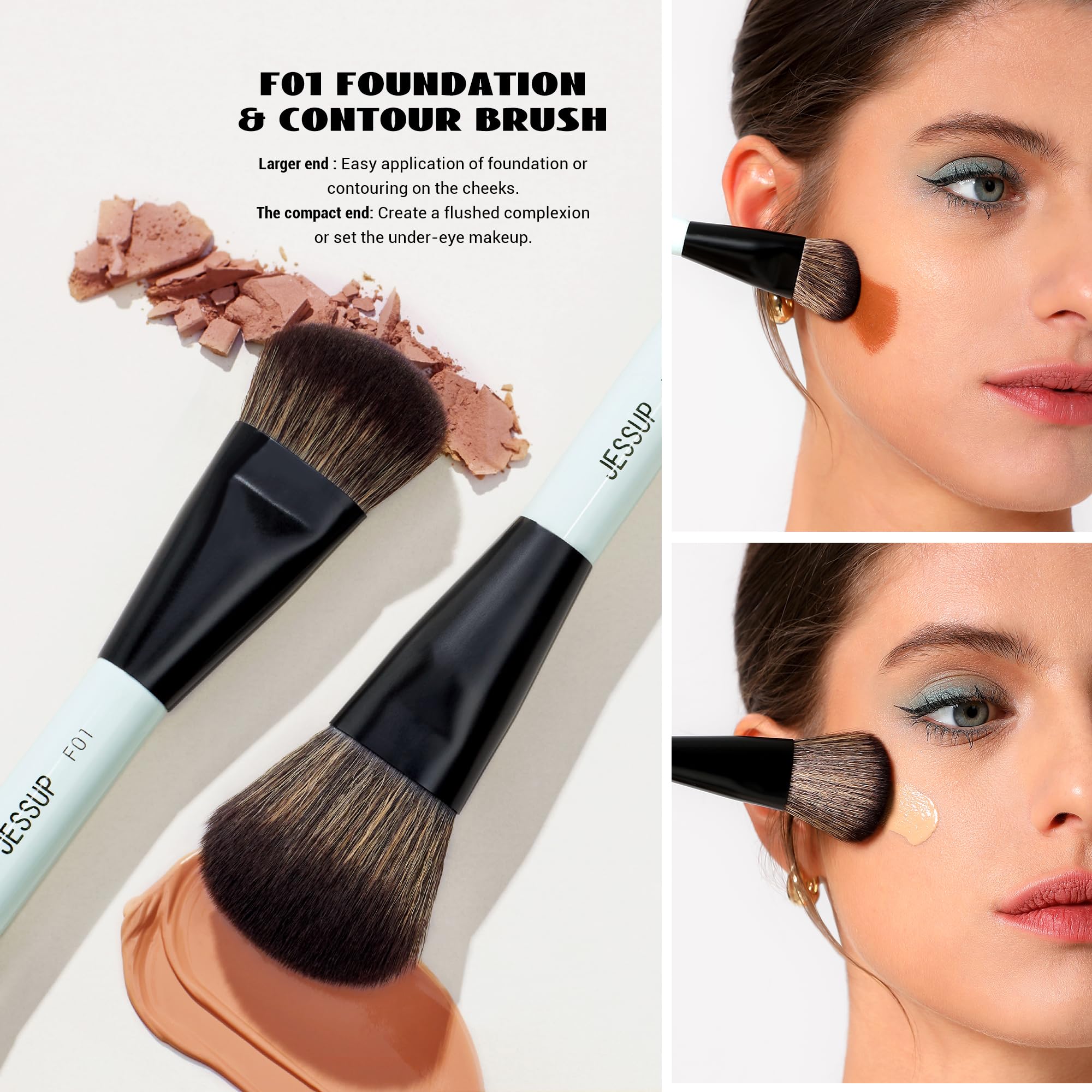 Jessup Face Makeup Brushes Blue 3Pcs Double Ended Makeup Brush For Foundation Contour Blush Highlight And Concealer Brush, Premi