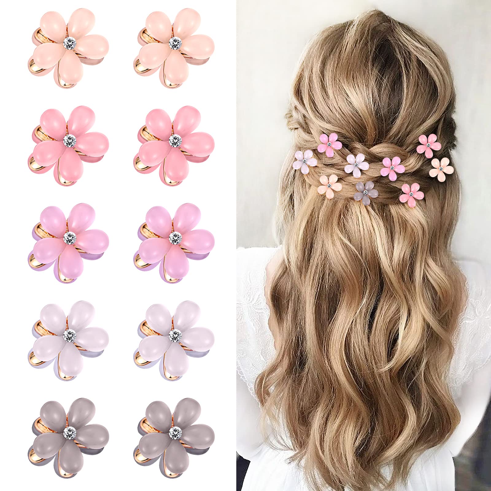Paderison 10Pcs Flower Hair Clips for Girls Small Hair Claw Clips Mini Flower Hair Clips with Crystal Cute Metal Claw Clips Spar