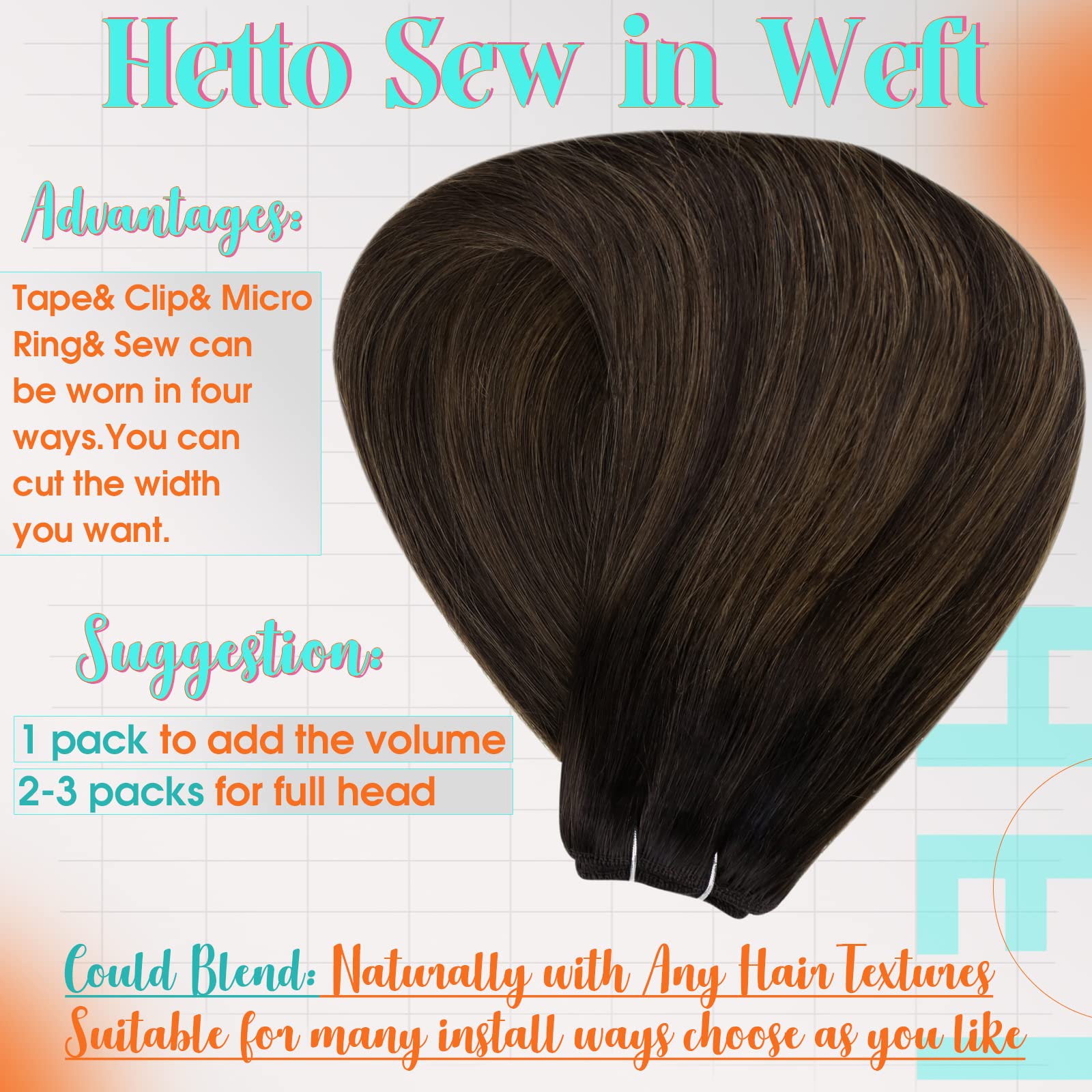 Hetto Ombre Brown Human Hair Weft Sew in Extensions Weft Hair Extensions Human Hair #2/8/2 Darkest Brown with Ash Brown Balayage