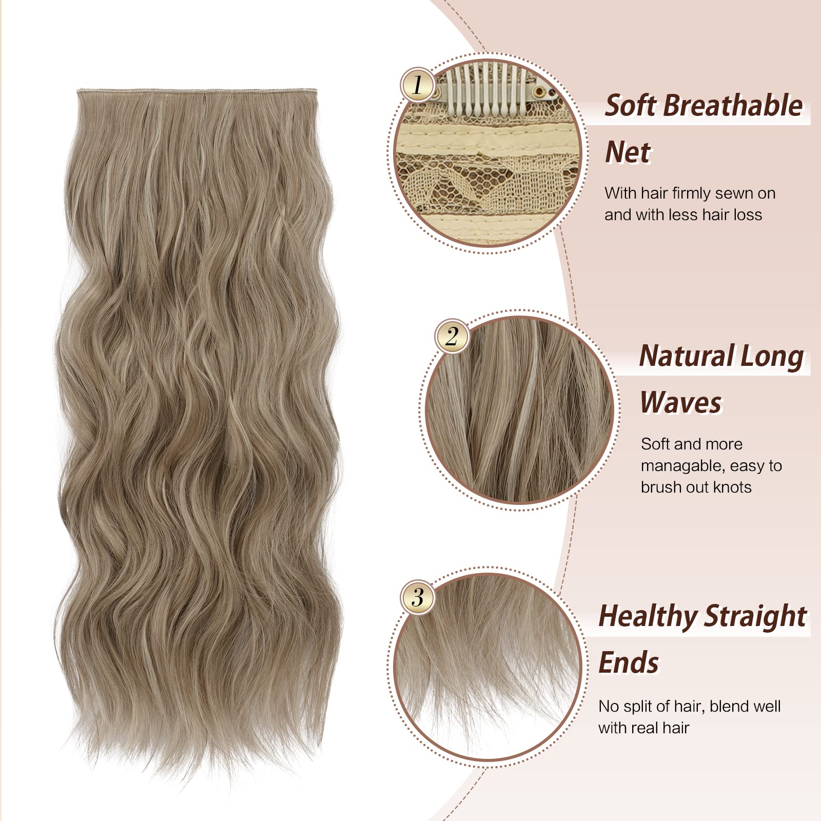 FESHFEN Clip in Hair Extensions - 4 PCS Long Wavy Thick Highlighted Clip in Hairpieces Full Head Synthetic Hair Extension for Wo