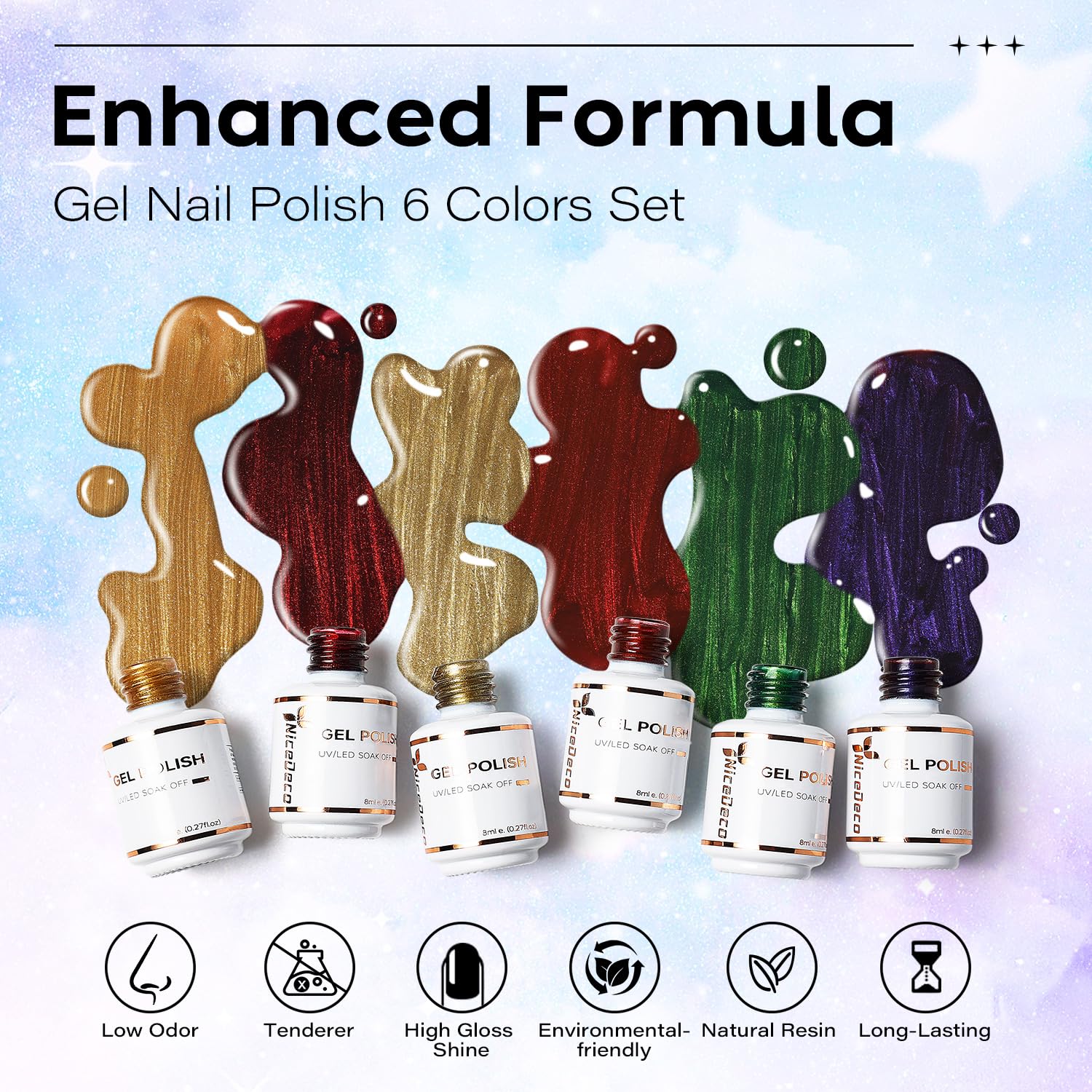 Nicedeco Hema Free Cruelty Free Vegan Cat Eye Gel Nail Polish, High Gloss Long Lasting Soak Off LED U V Gel Polish 6 Colors Set
