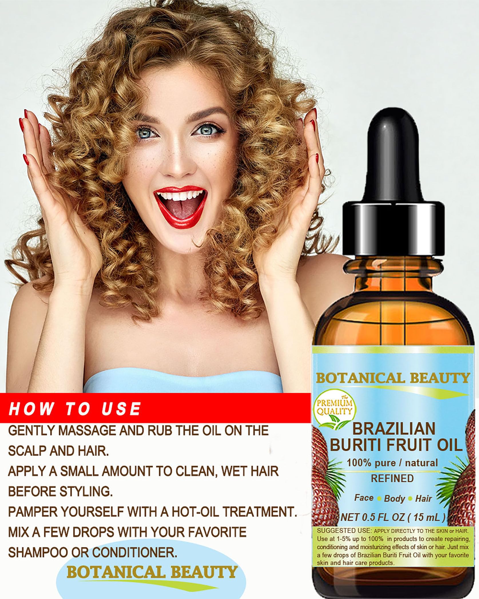 Brazilian Buriti Fruit Oil Pure Natural Virgin Refined Cold Pressed Carrier Oil Undiluted 0.5 Fl.Oz- 15 Ml For Face, Body, Hair,