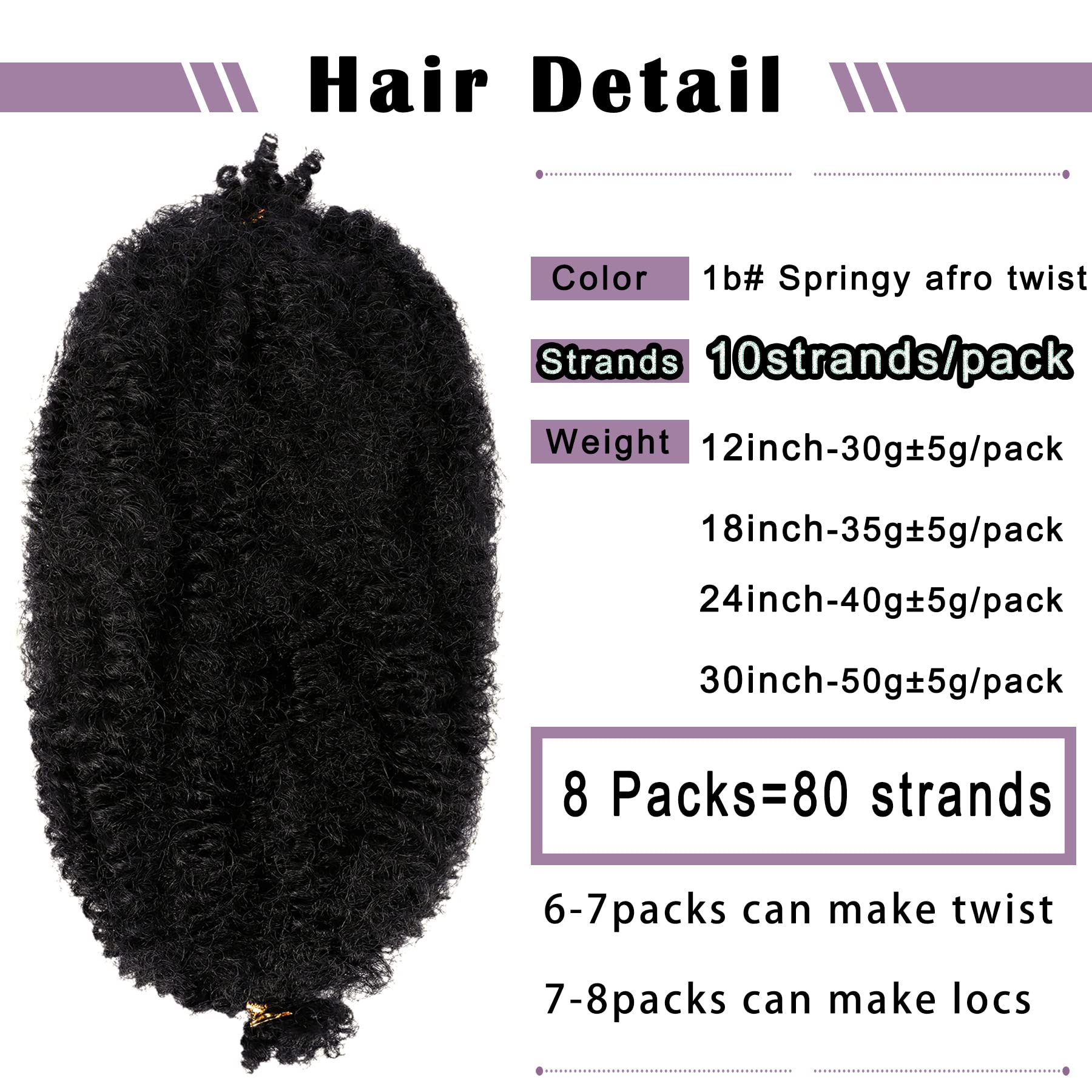 Vomella Springy Afro Twist Hair - 8 Packs 12" Synthetic Marley Twist Extensions, Color 1b# for Braiding and Faux Locs