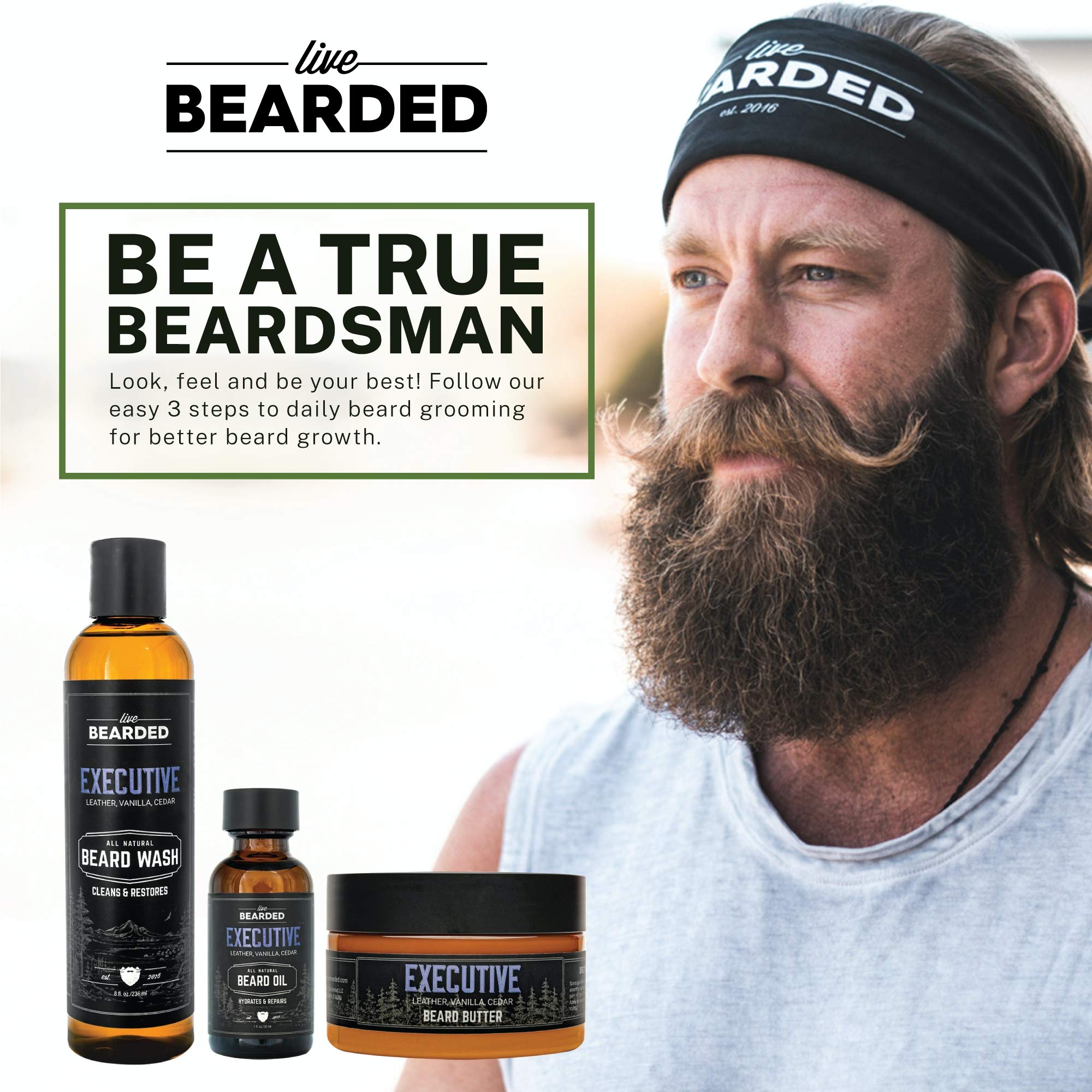 Live Bearded: 3-Step Beard Grooming Kit - American - Beard Wash, Beard Oil And Beard Butter - All-Natural Ingredients With Shea