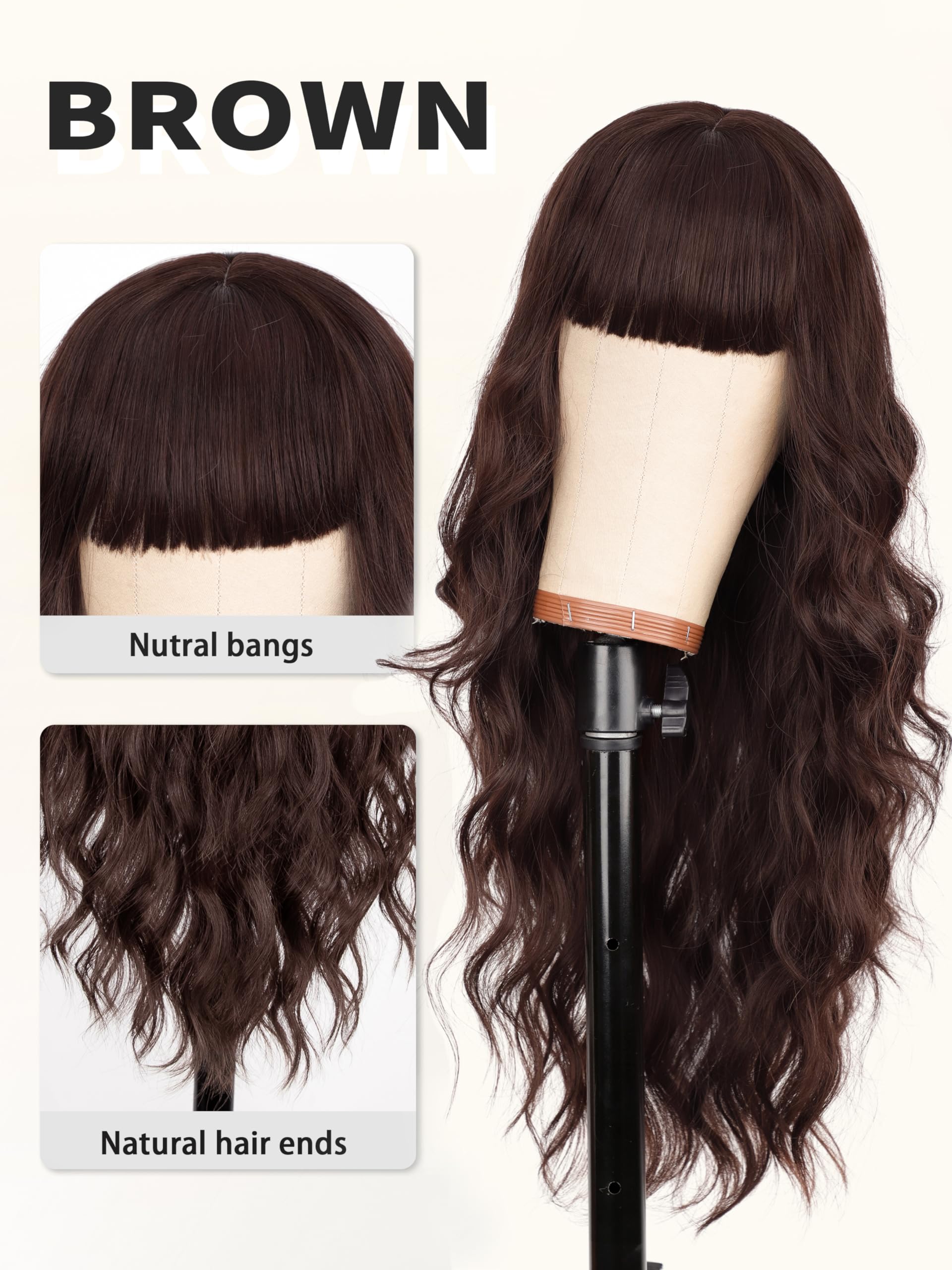 Aisi Hair Brown Wig With Bangs Long Wavy Synthetic Wig For Women With Daily Party Use
