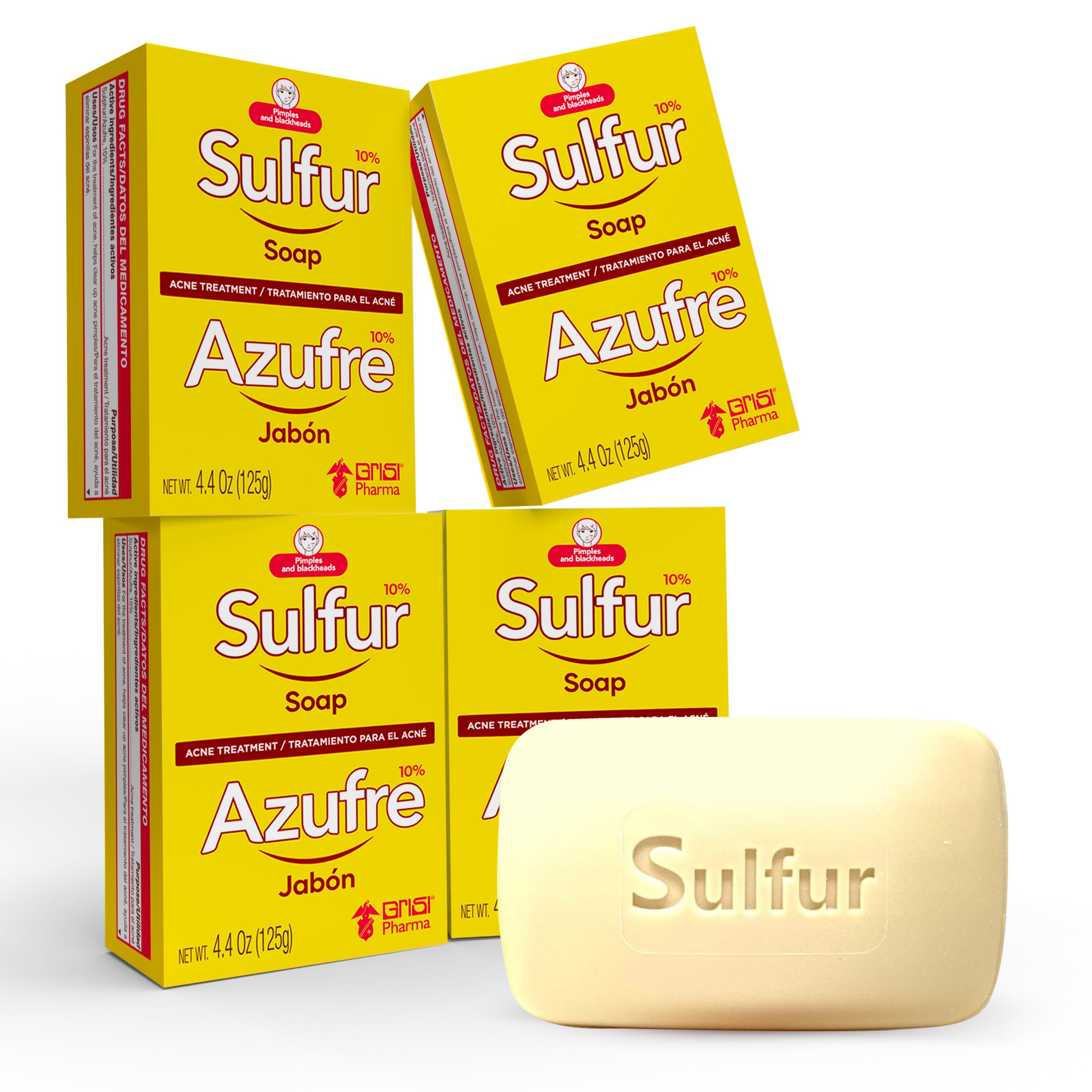 Grisi Sulfur Soap for Acne Treatment, 10% Sulfur Formula, Deep Cleansing Bar for Breakouts and Blackheads, 4.4 oz, 4-Pack