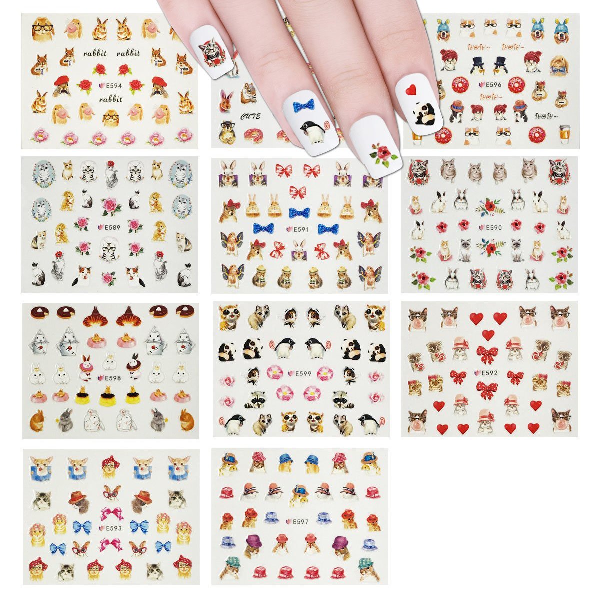 ALLYDREW Furry Animals Nail Stickers 3D Nail Art (330+ Nail Stickers/11 sheets) - Cats, Rabbits & Pandas Nail Stickers, Easter N