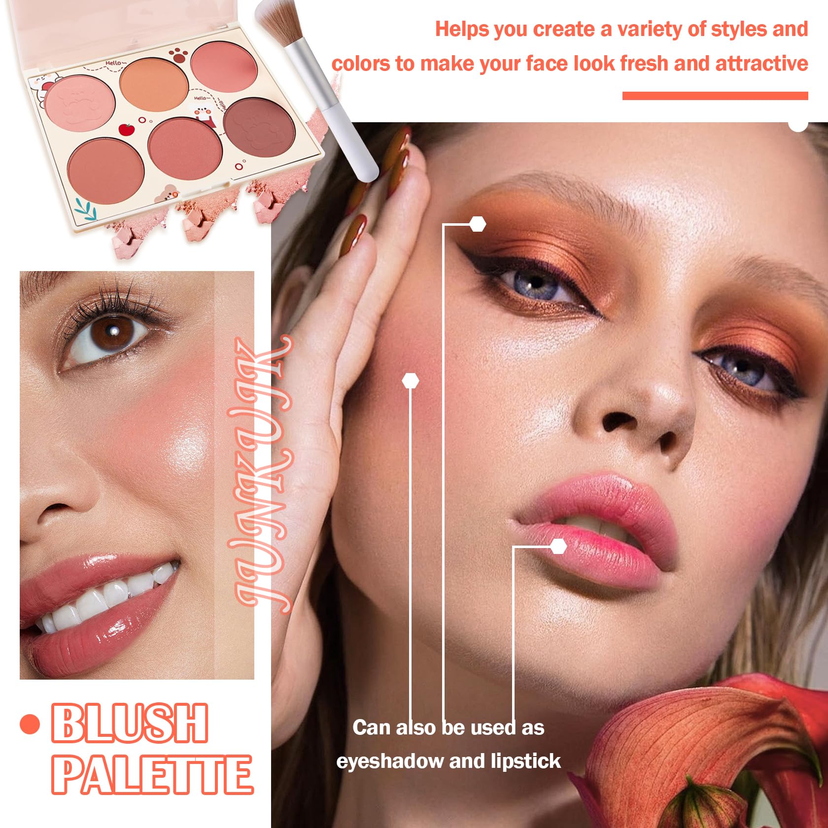 Junkujk 6 Colors Blush Palette,Shimmer Silky Matte Blush Powder Palette,Professional Cute Face Contour Highlighter Blush Palette
