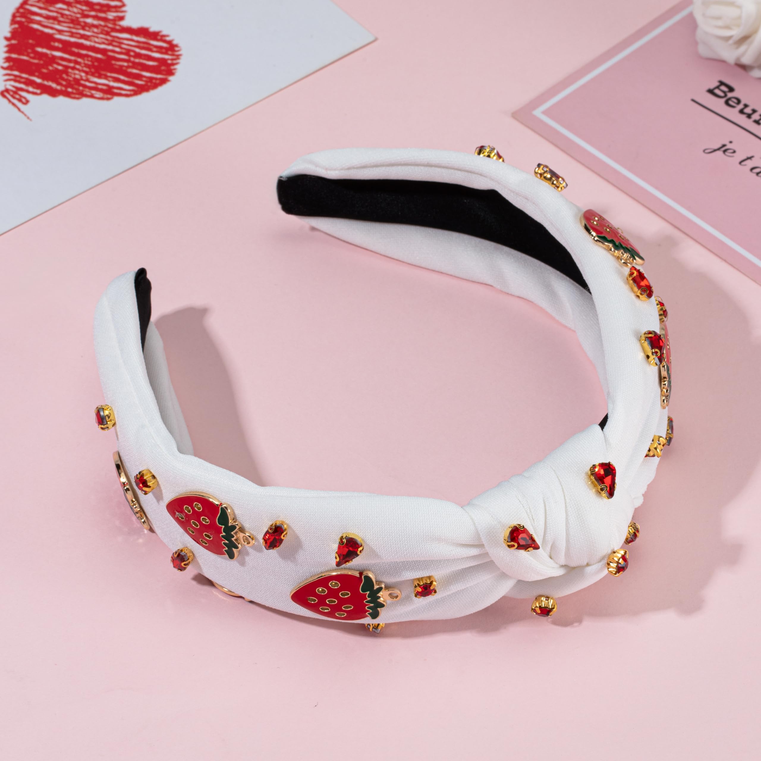 Fruit Sparkly Strawberry Charm Knotted Headbands for Women Girls - Red Crystal Hair Accessories for Summer Vacation, Beach, Pool