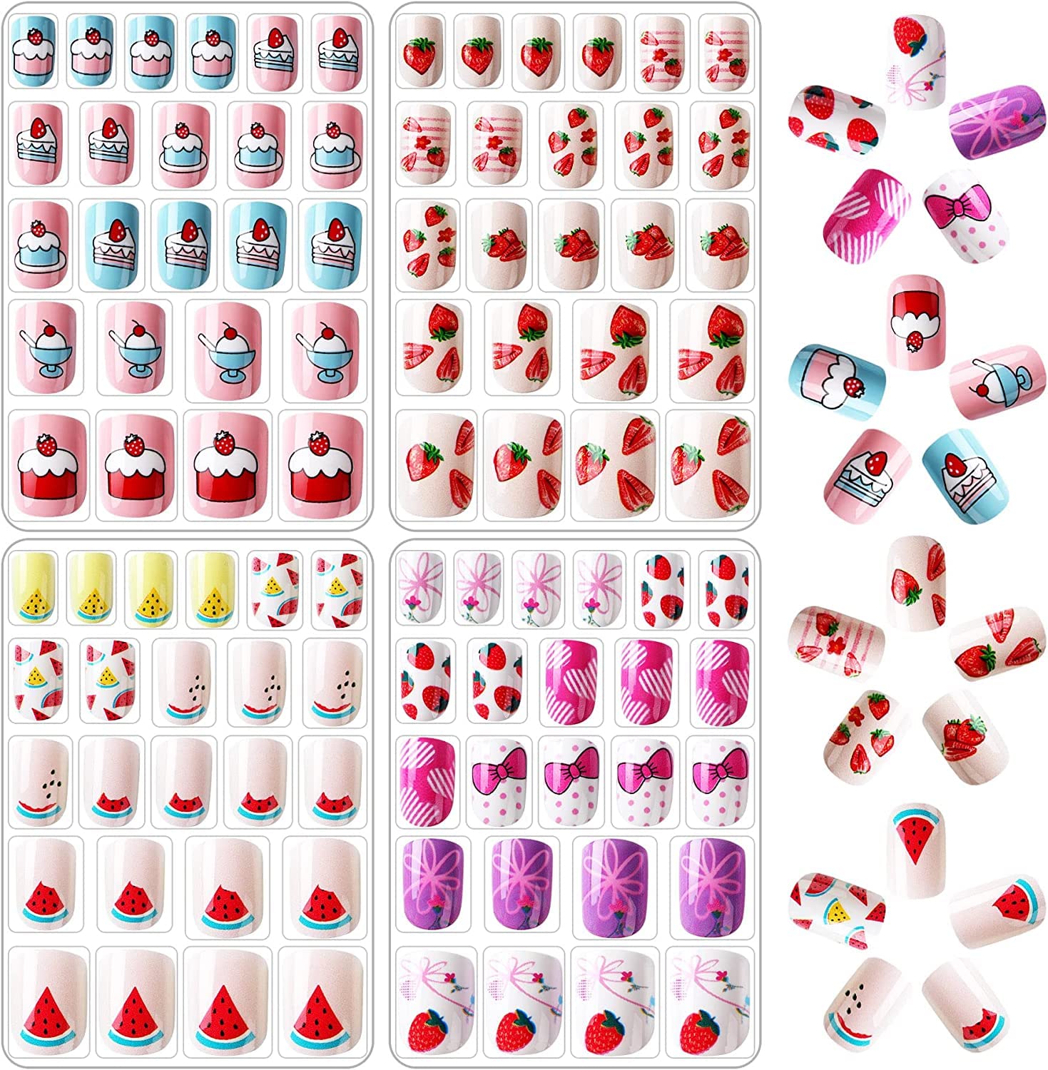 JANYUN 96 Pcs Kids False Nail Stick on Nails Kids Full Cover Short False Nails Children Nail Tips Lovely Gift for Kids Little Gi