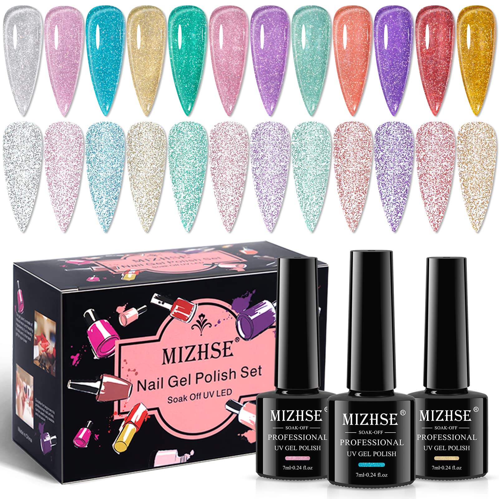 MIZHSE Jelly Reflective Glitter Gel Nail Polish Kit, Flash Disco Diamond Sheer Gel Polish Sparkle 12pcs, Translucent Soak Off UV