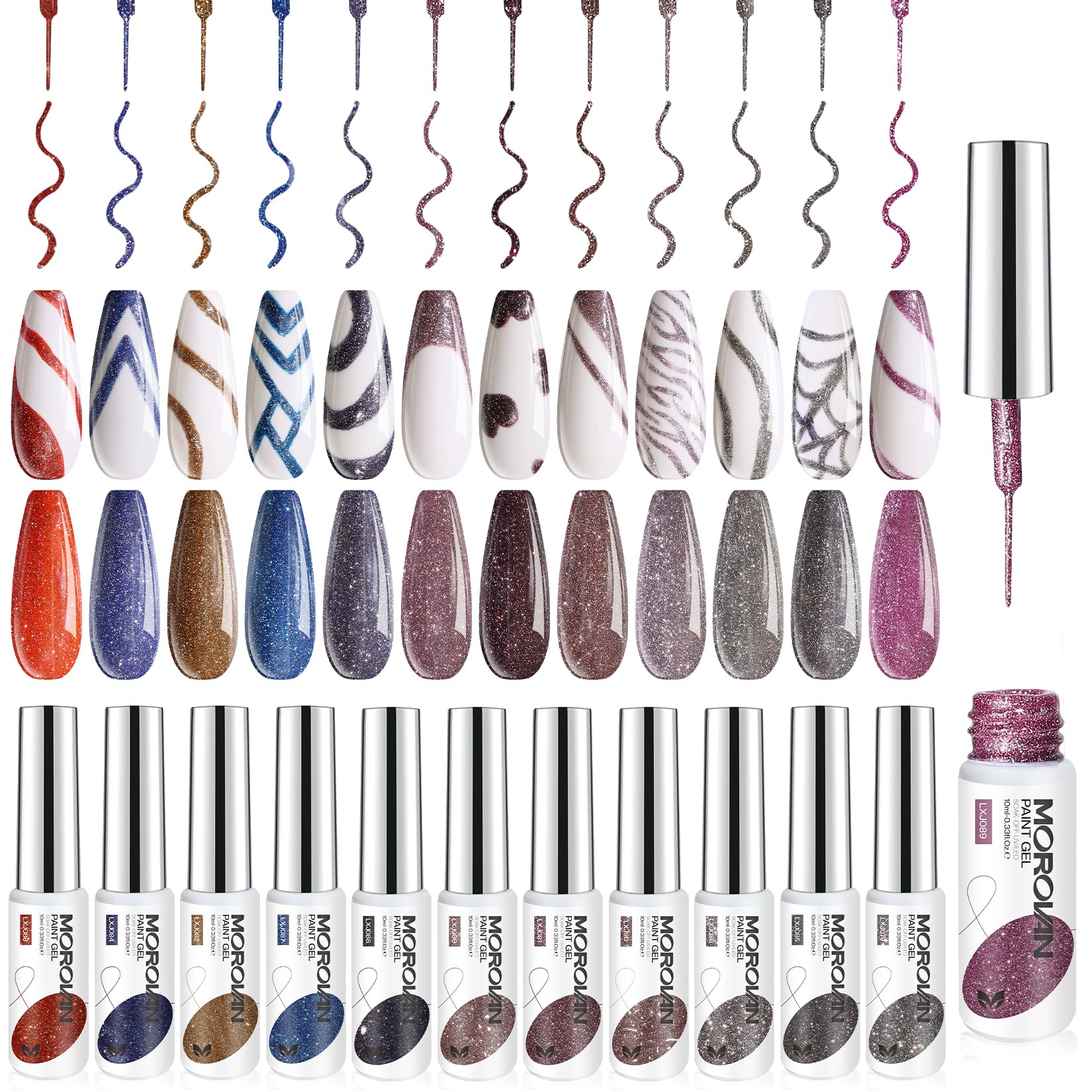 Morovan Gel Liner Nail Polish: 12 Popular Glitter Colors Gel Polish Nail Art Liner Contain Silver Brown Purple Red - Nail Art Po
