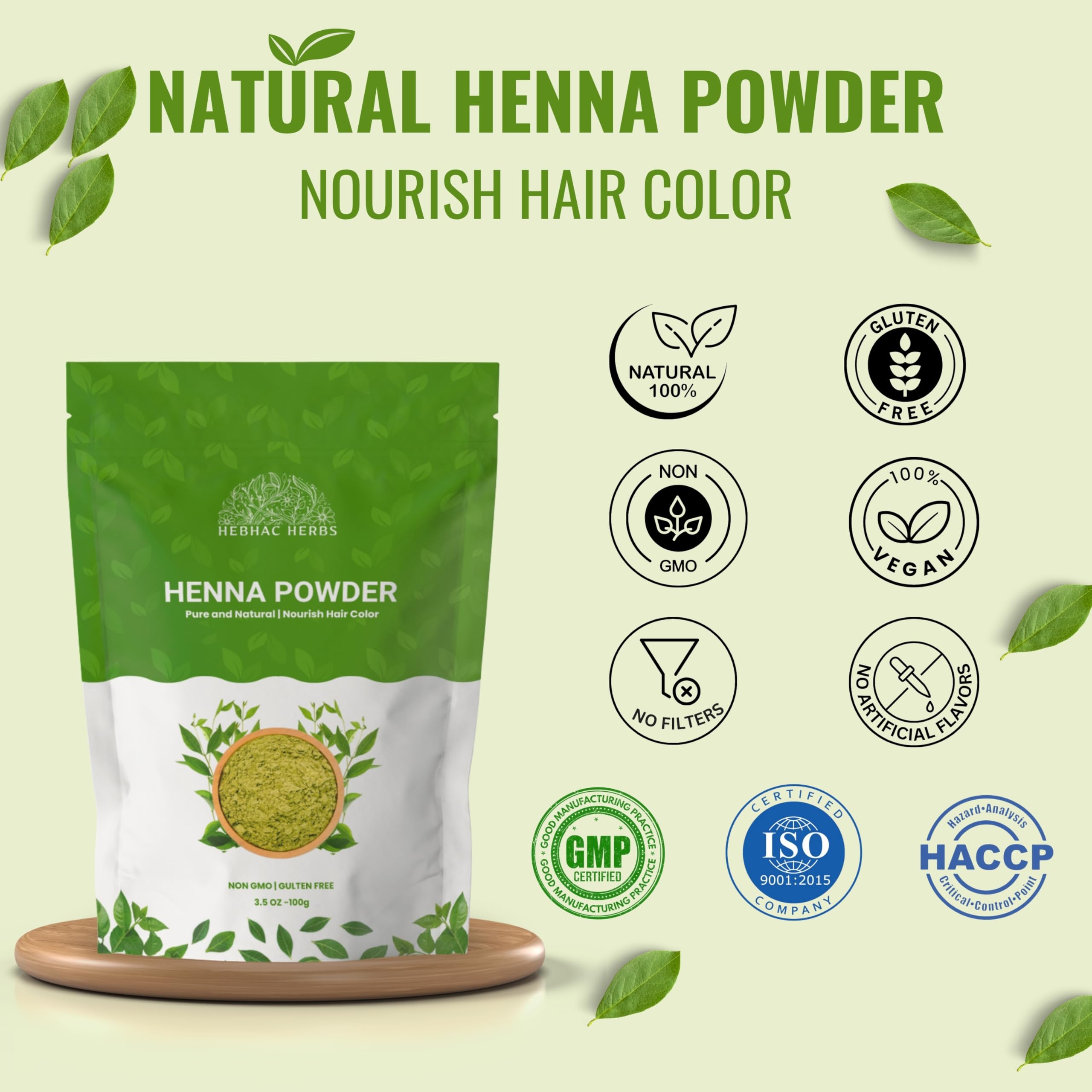 Henna Powder for Hair Growth 100g (3.5oz) | Pure Mehndi Powder | Natural black Henna Hair Colour Dye | Made in India by Hebhac H