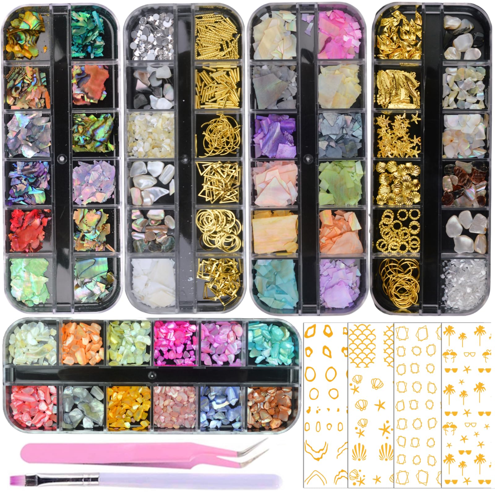 editTime 5 Boxes 3D Nail Art Crushed Sea Shell Irregular Iridescent Natural Abalone Seashell Slices Starfish Metal Sea Star Conc