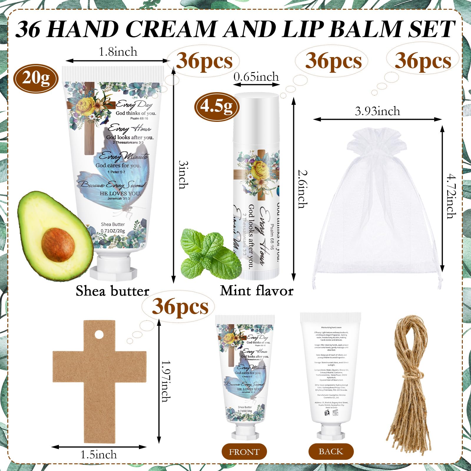 Heigble 144 Pcs Christian Lip Balm Hand Cream Set Party Favors, Include 36 Bible Lip Balm 36 Moisturizing Hand Cream 36 Bags 36