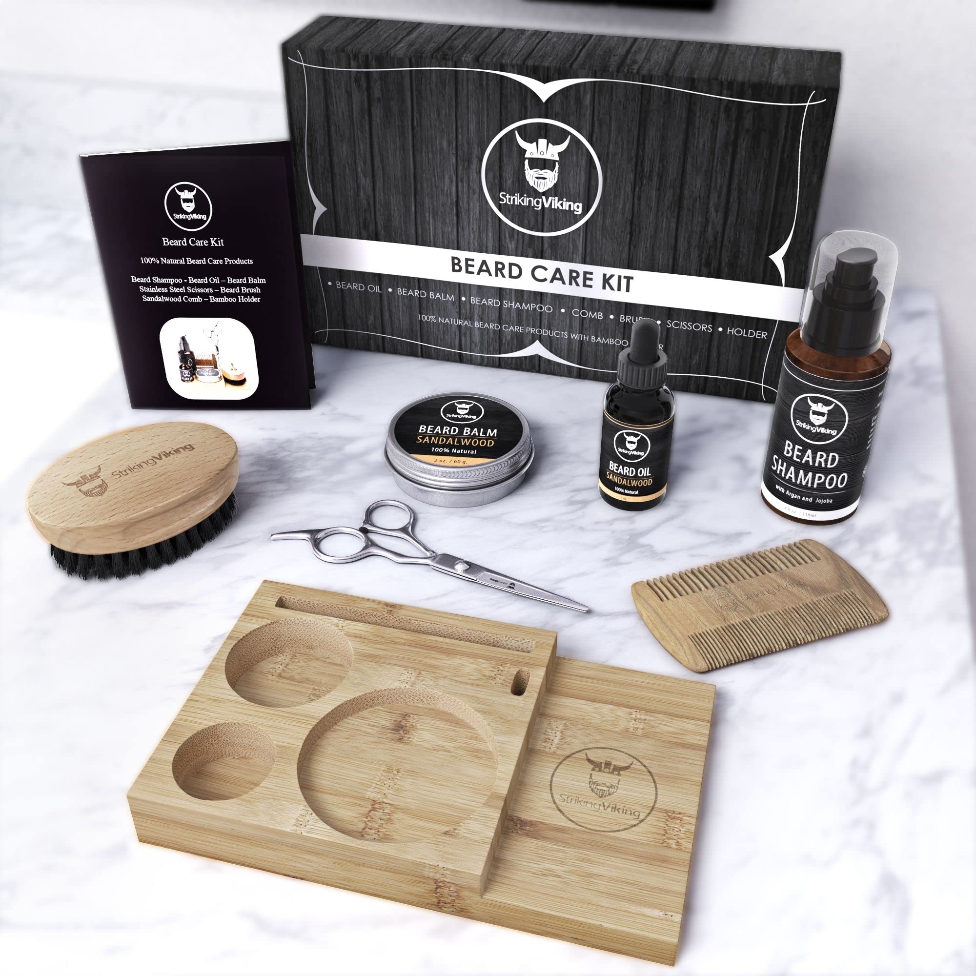 Striking Viking Beard Grooming Kit Includes Caddy, Beard Care Oil And Balm, Beard Shampoo, Wooden Comb, Beard Brush, & Trimming