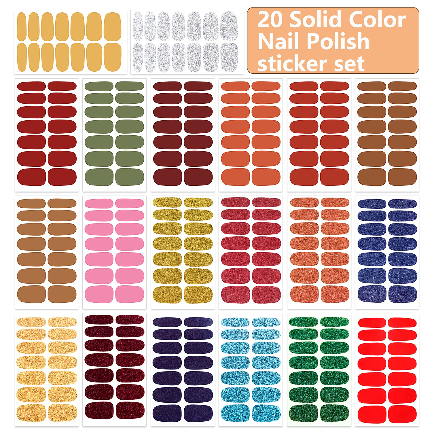 Wokoto 20 Sheets Nail Polish Strips With Nail File Set Glitter Solid And Simple Solid Nail Polish Wraps Nail Stickers Full Nail