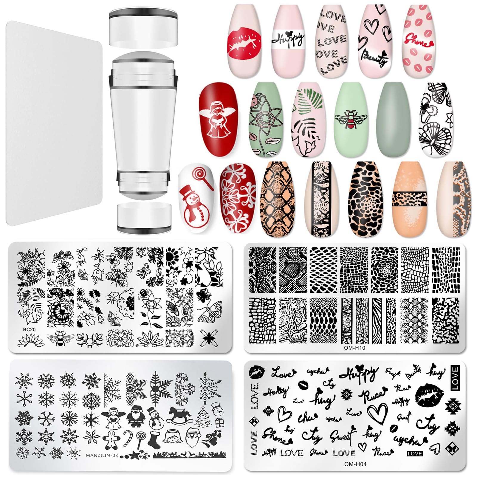 Nail Stamper Plate Kit, 4 Pcs Nail Stamping Plates + Dual-end Silicone Nail Art Stamper + Scraper, Chrsitmas Elements & Butterfl