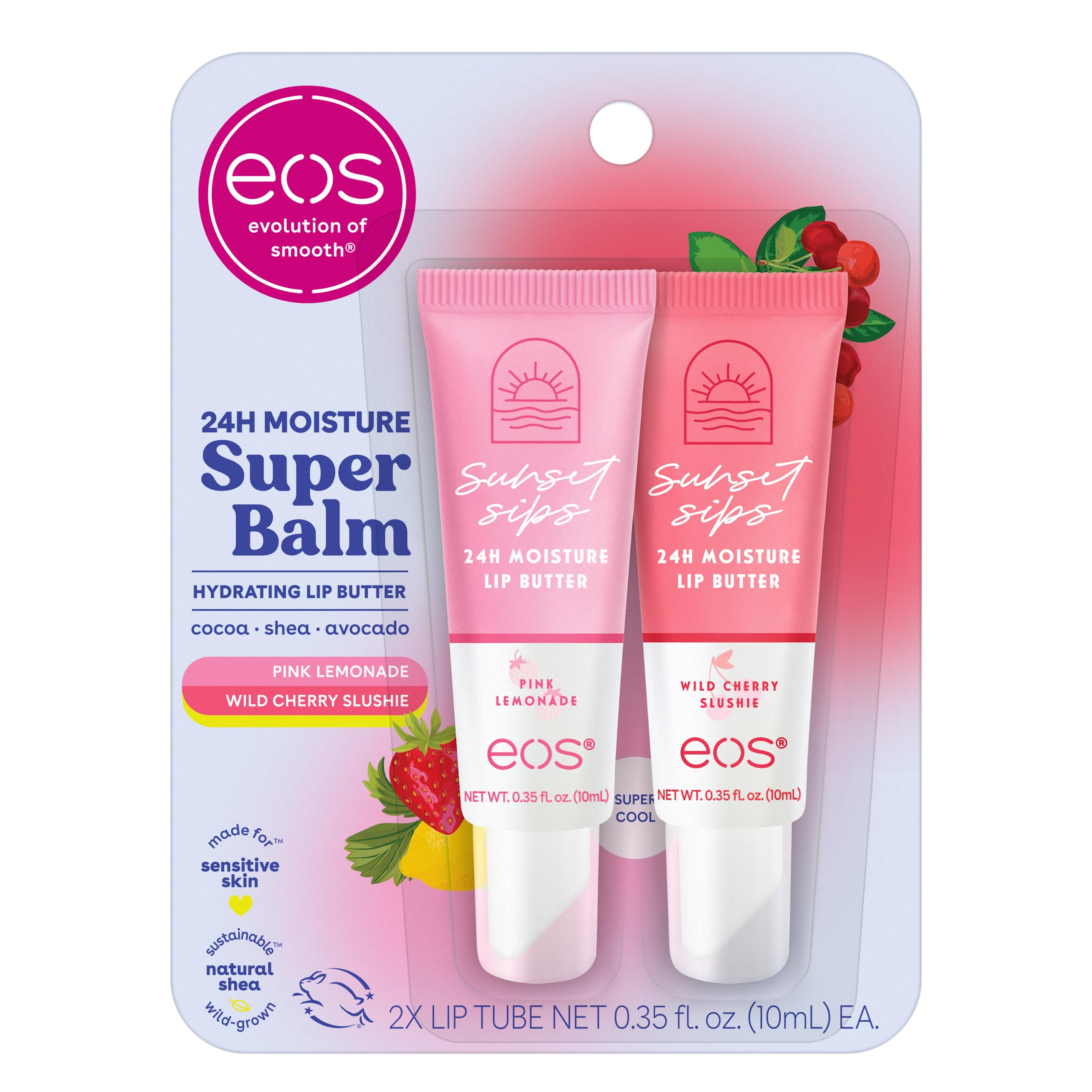 Eos 24H Moisture Super Balm- Pink Lemonade & Wild Cherry Slushie, Lip Mask, Day Or Night Lip Treatment, Made For Sensitive Skin,