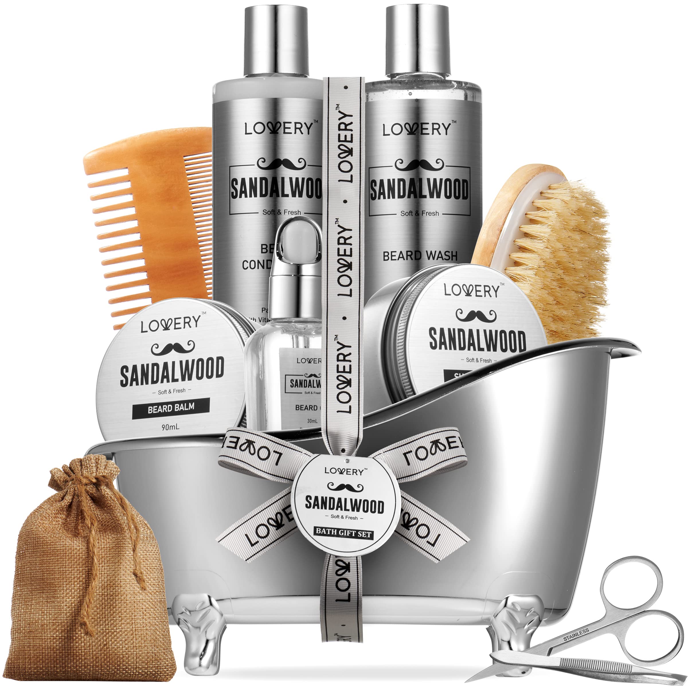 Valentines Mens Gifts, Sandalwood Beard Grooming Kit, Mens Grooming Kit For Boyfriend Dad, Him, 11Pc Beard Straightener For Men