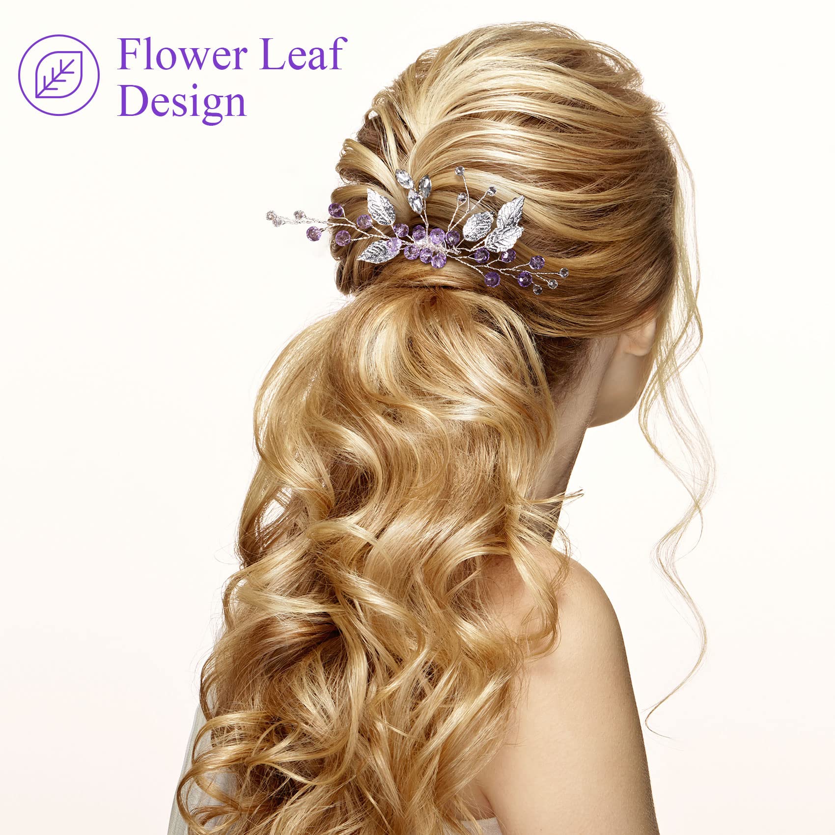 PAGOW 2PCS Leaf Hair Combs, Purple Rhinestone Hair Comb Clips, Hair Side Comb Clips, Crystal Wedding Headpiece Hair Accessories