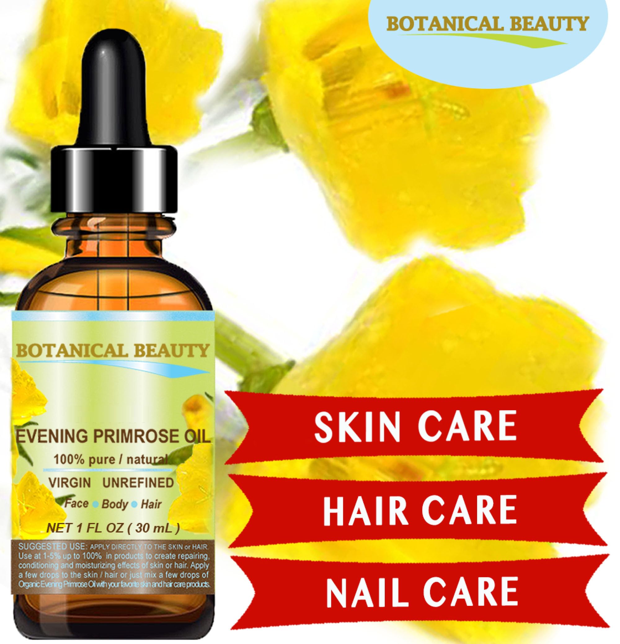 Botanical Beauty Evening Primrose Oil 100% Pure Natural Undiluted Unrefined Virgin Cold Pressed Carrier Oil. 0.5 Fl.Oz.- 15 Ml F