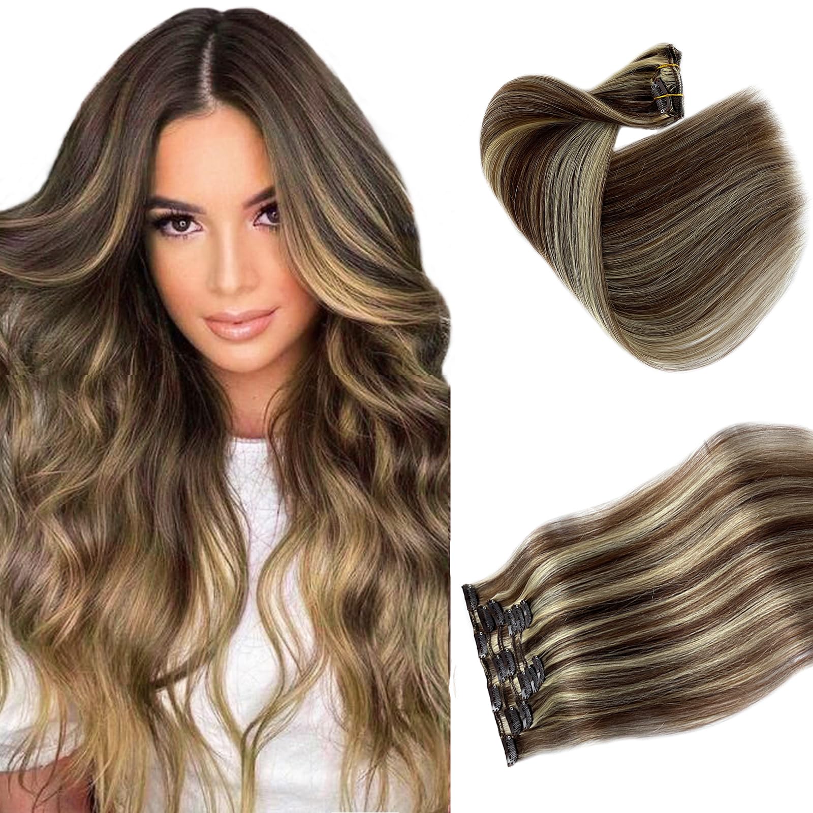 Clip In Hair Extensions Real Human Hair Brown With Blonde Highlighted Remy Silky Straight Human Hair Extensions Blonde Balayage
