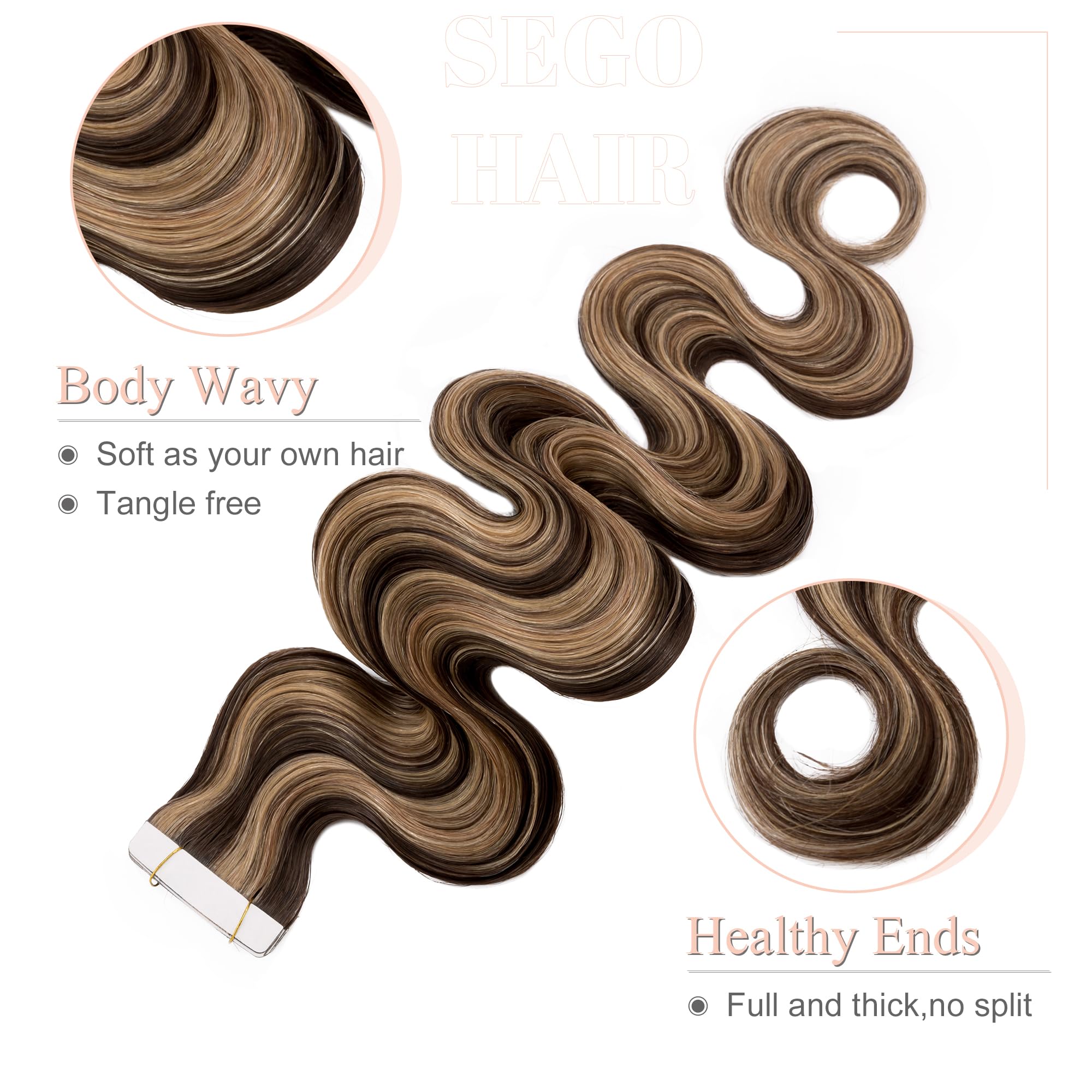 SEGO Tape in Hair Extensions Wavy 16 Inch Balayage 100% Remy Human Hair Real Seamless Skin Weft Invisible Rooted Double Sided Ta