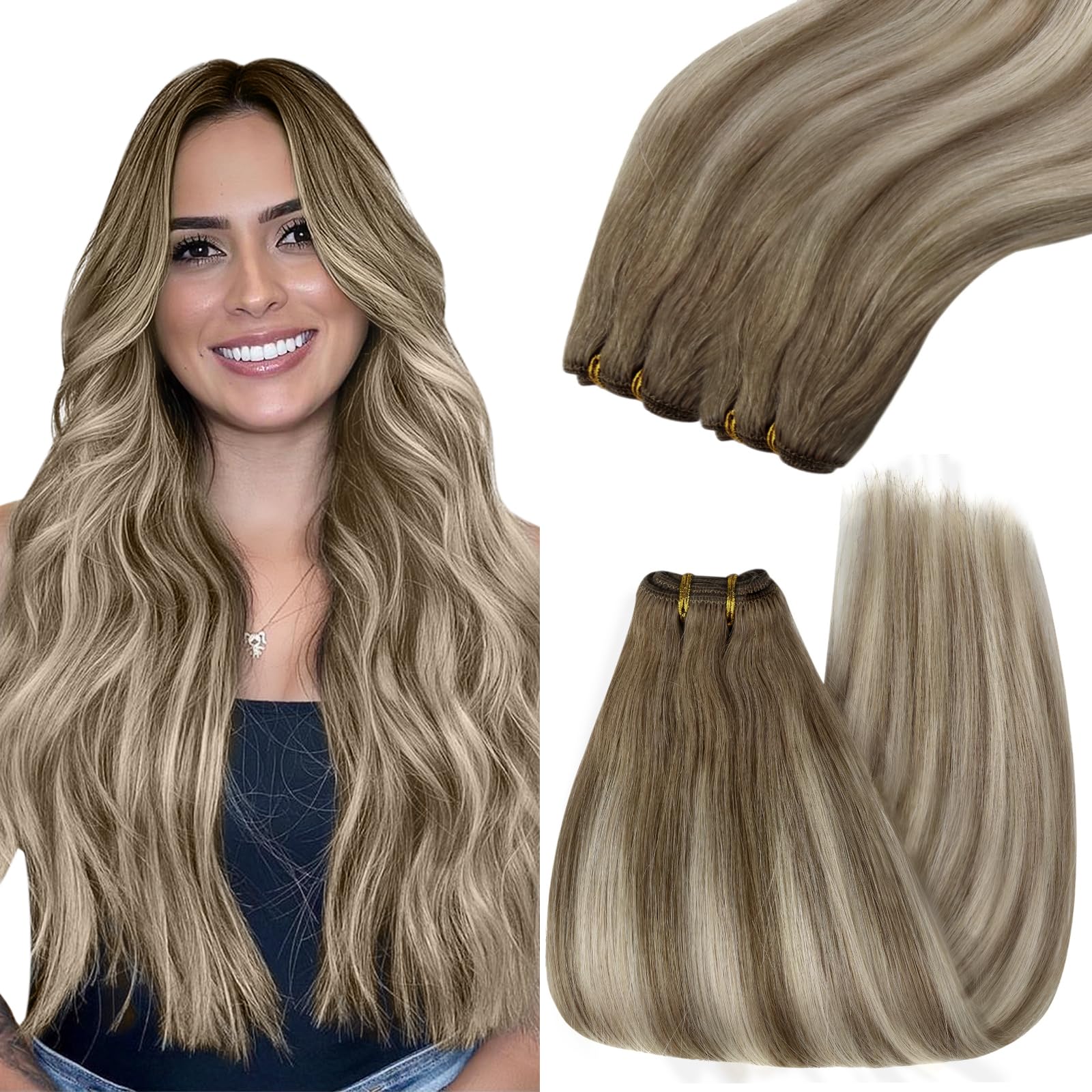 YoungSee Weft Hair Extensions Brown Ombre Sew in Hair Extensions Sew in Hair Extensions Human Hair Dark Brown Ombre Light Brown 