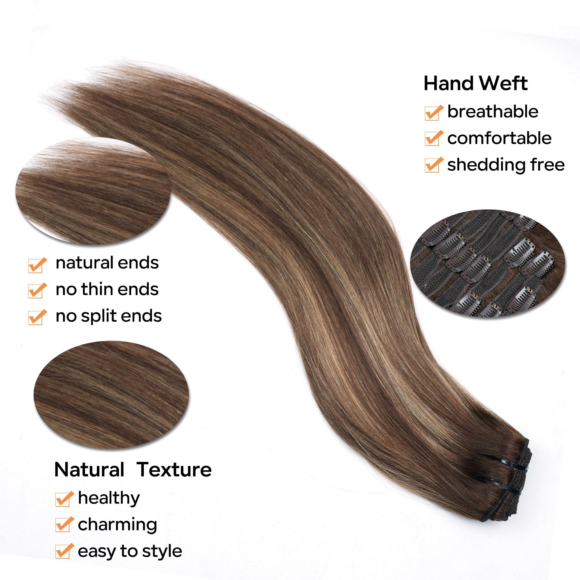 Pobokix Straight Clip In Hair Extensions Real Human Hair 8Pcs Clip In Balayage Chocolate Brown to Caramel Blonde Human Hair Exte