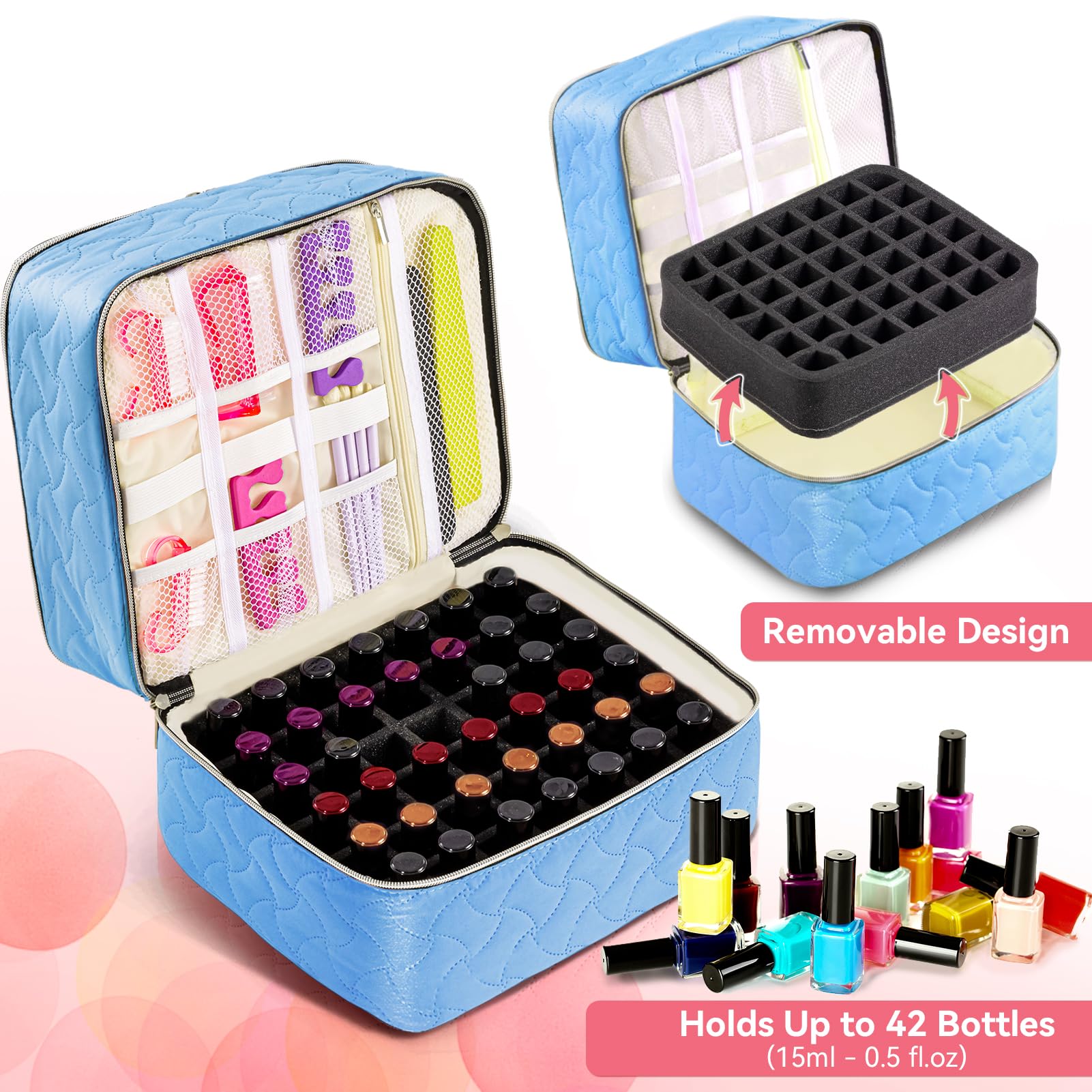 Nail Polish Organizer Case Holds 42 Bottles (15Ml/0.5 Fl.Oz), Double-Layer Nail Polish Storage With Adjustable Dividers, Portabl