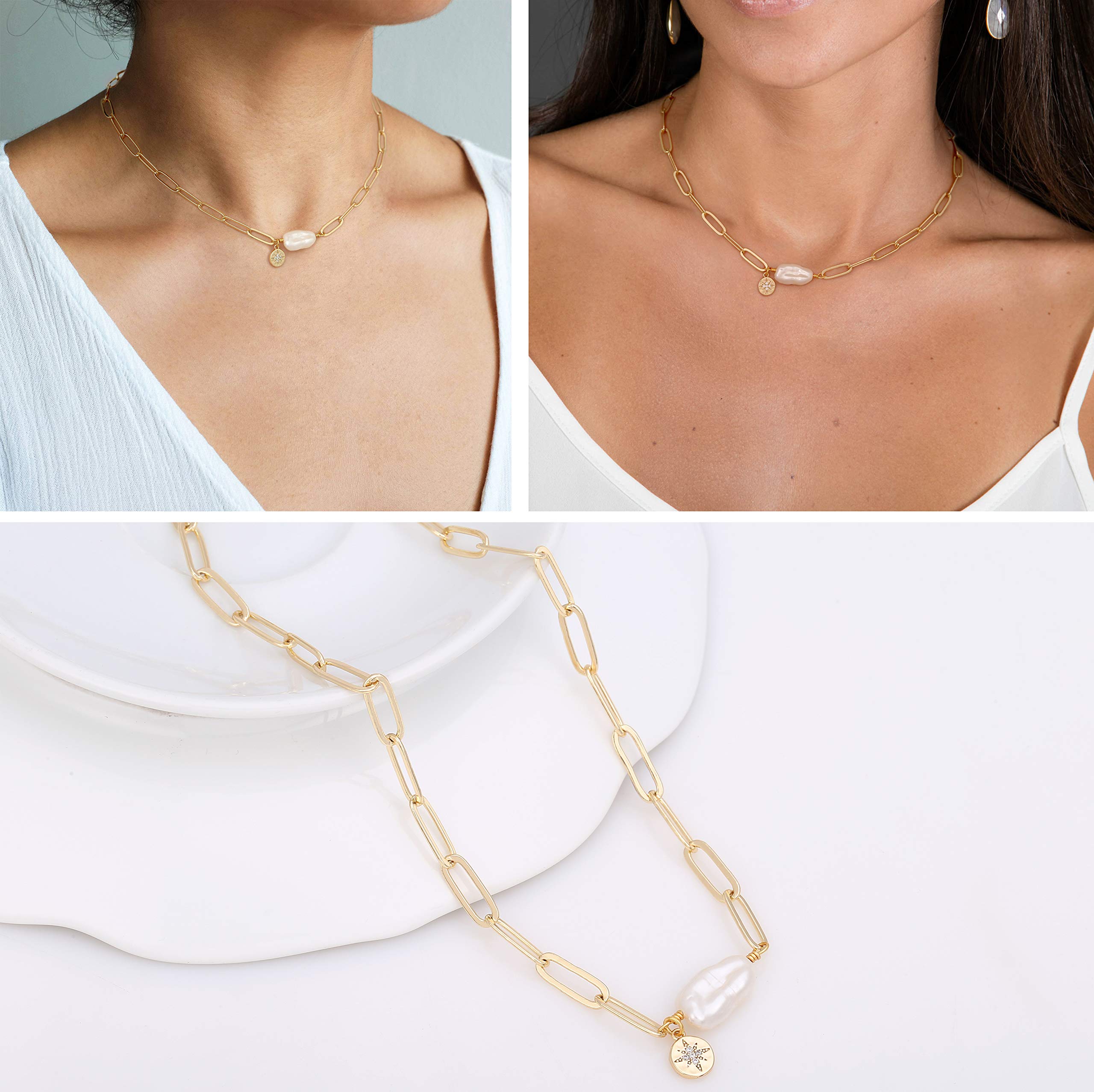 Aobei Pearl Chunky 18k Gold Chain Choker Necklace Freshwater Biwa Pearl Pendant CZ Starburst Charm Statement Jewelry for Women 1