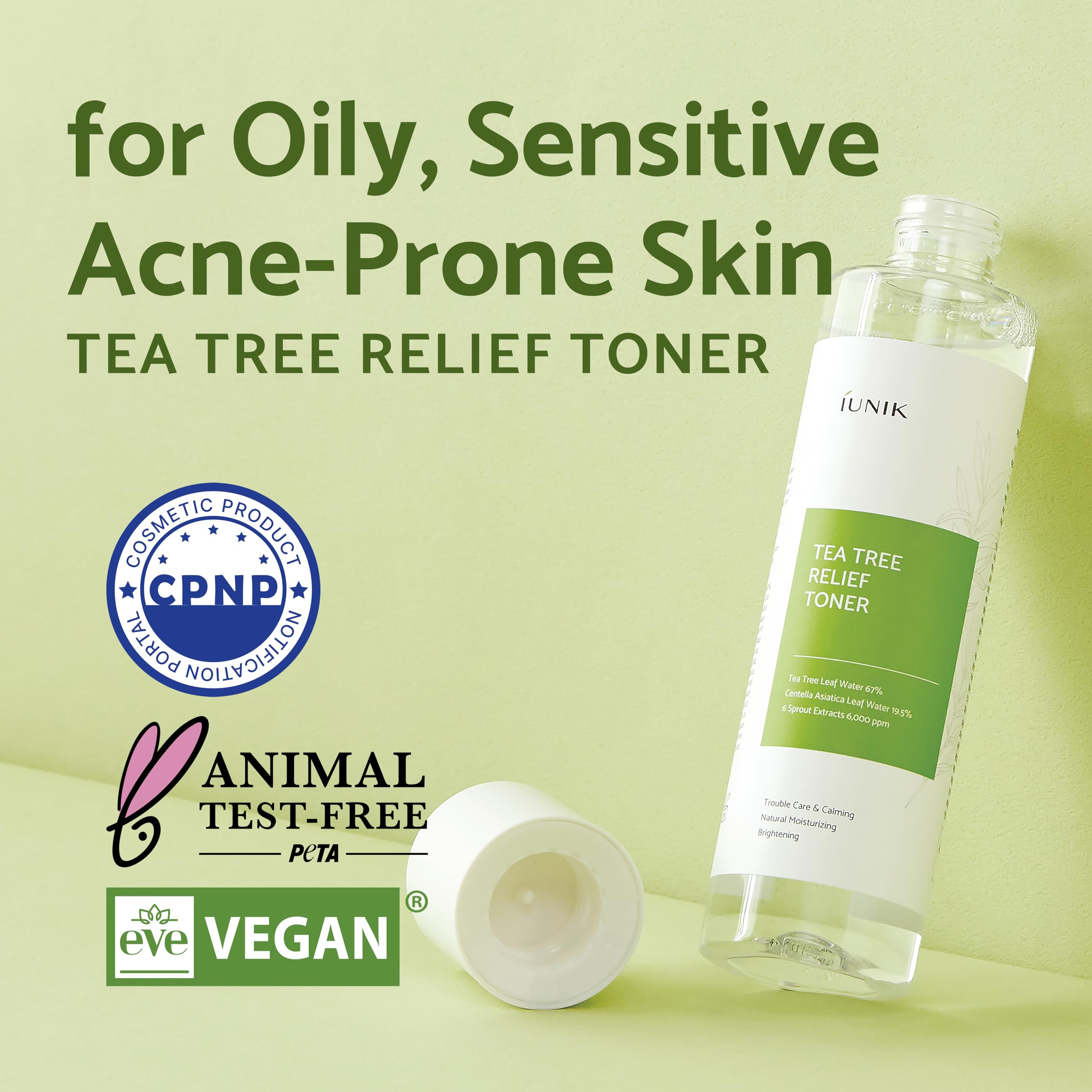 IUNIK Tea Tree Relief Vegan Face Toner - Facial Moisturizer Acne-Prone Irritated Skin w Tea Tree 67% Centella Asiatica 19.5% 6.7