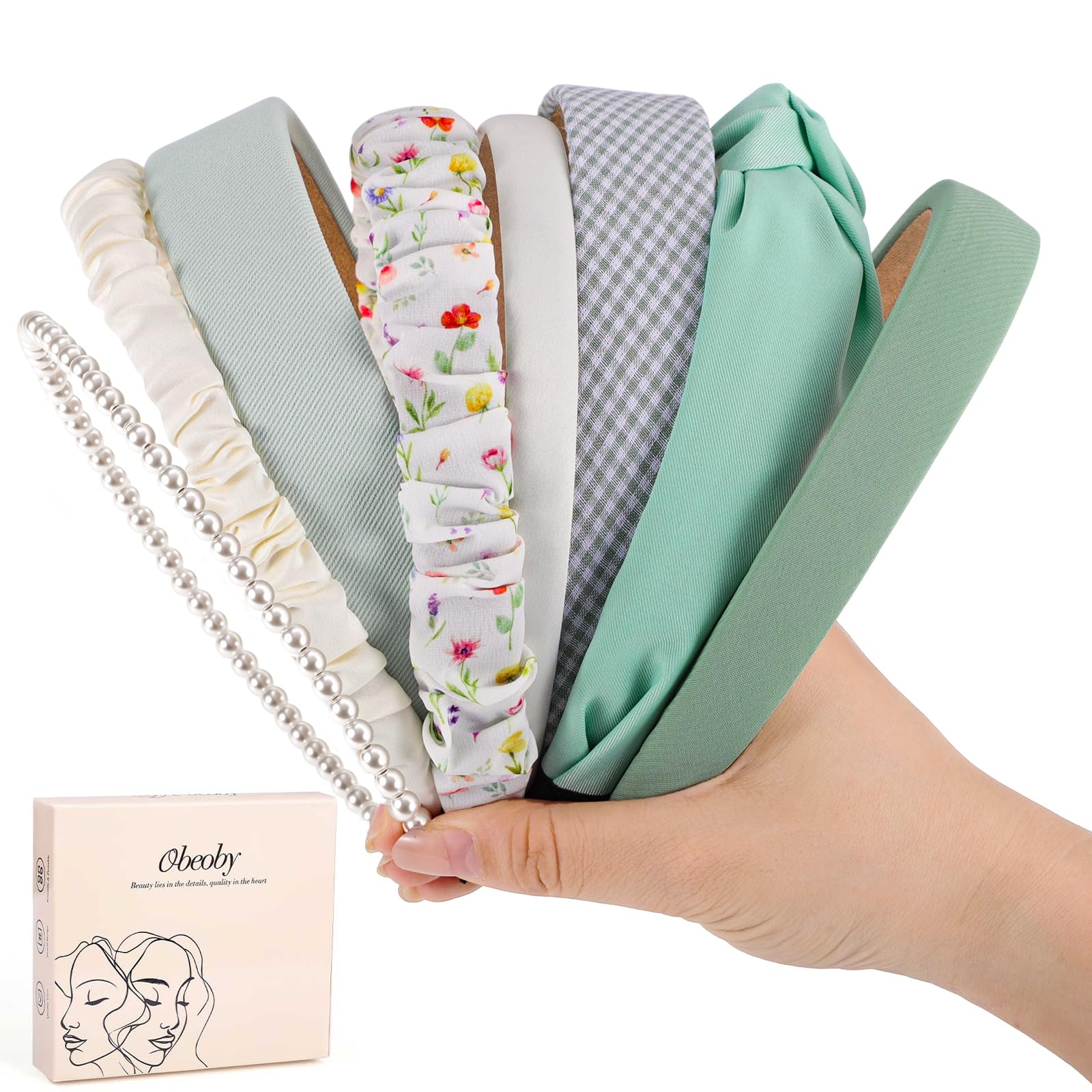 obeoby 8 Pack Green Trendy Headbands for Teen Girls Christmas in July Gifts, Floral Pearl Headbands for Hairstyle Management Non