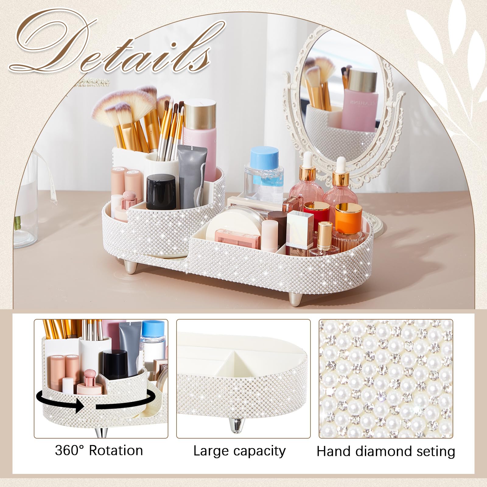 Resholder Teen Girls Women Gift Bling Makeup Organizer Large Girly Bathroom Organizer 360 Rotating Rhinestone Diamond Skin Care