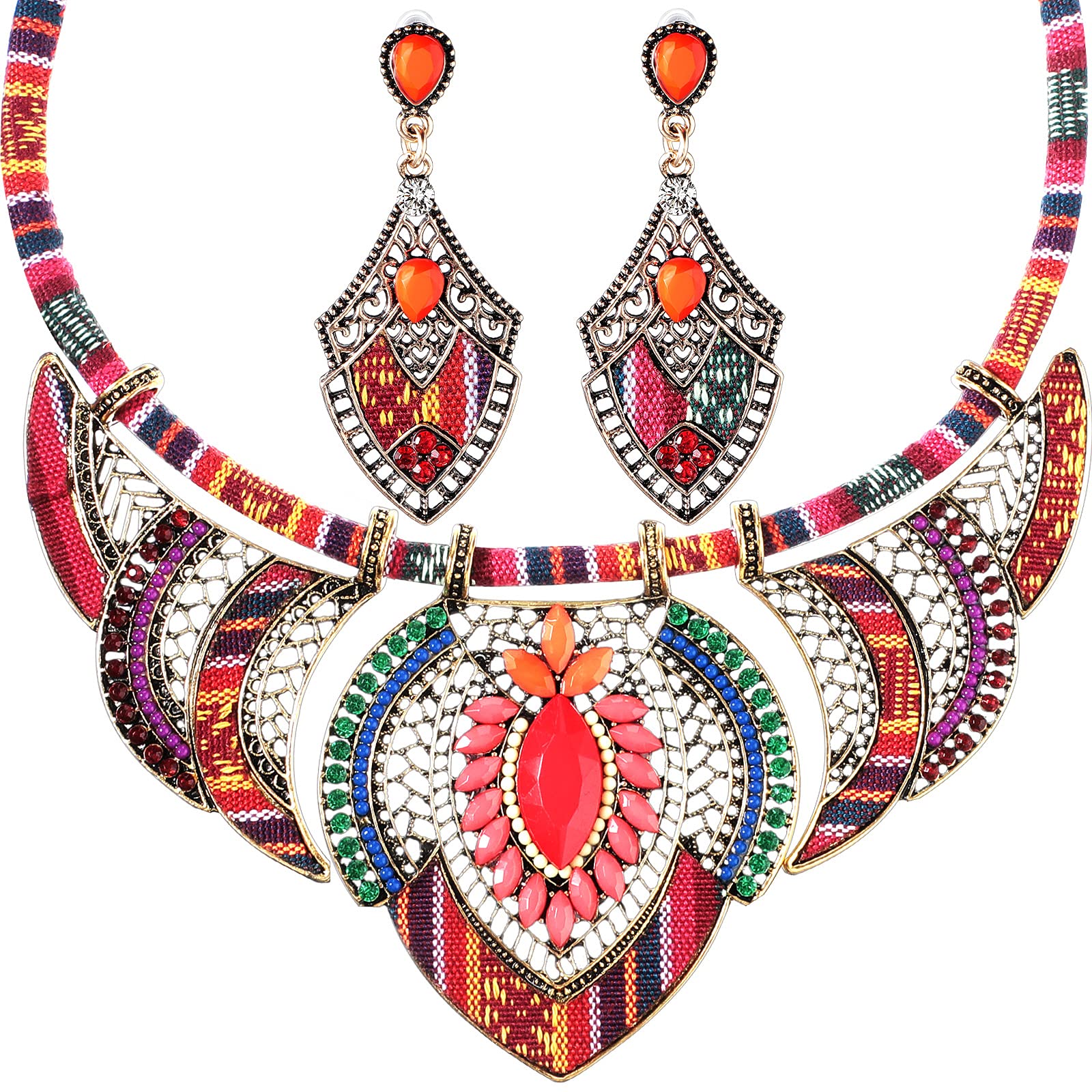 Junkin 2 Pieces African Jewelry for Women Colorful Costume Jewelry Boho Vintage Statement Choker Ethnic Style Necklace Earring S