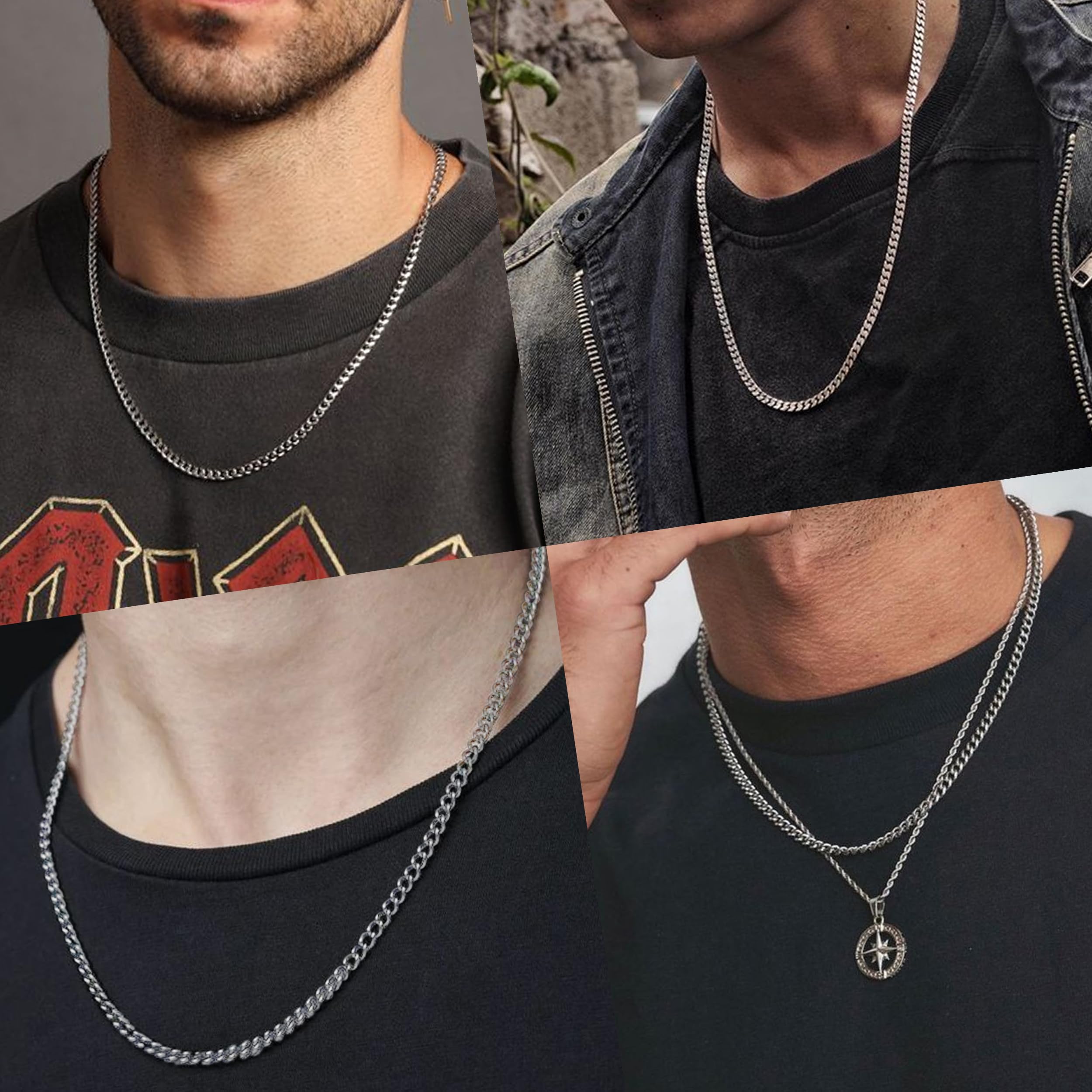 Reoxvo Silver Long Chain for Men, Silver Necklaces Mens Stainless Steel Cuban Link Chain Necklace for Men 5 mm Neck Chains Penda