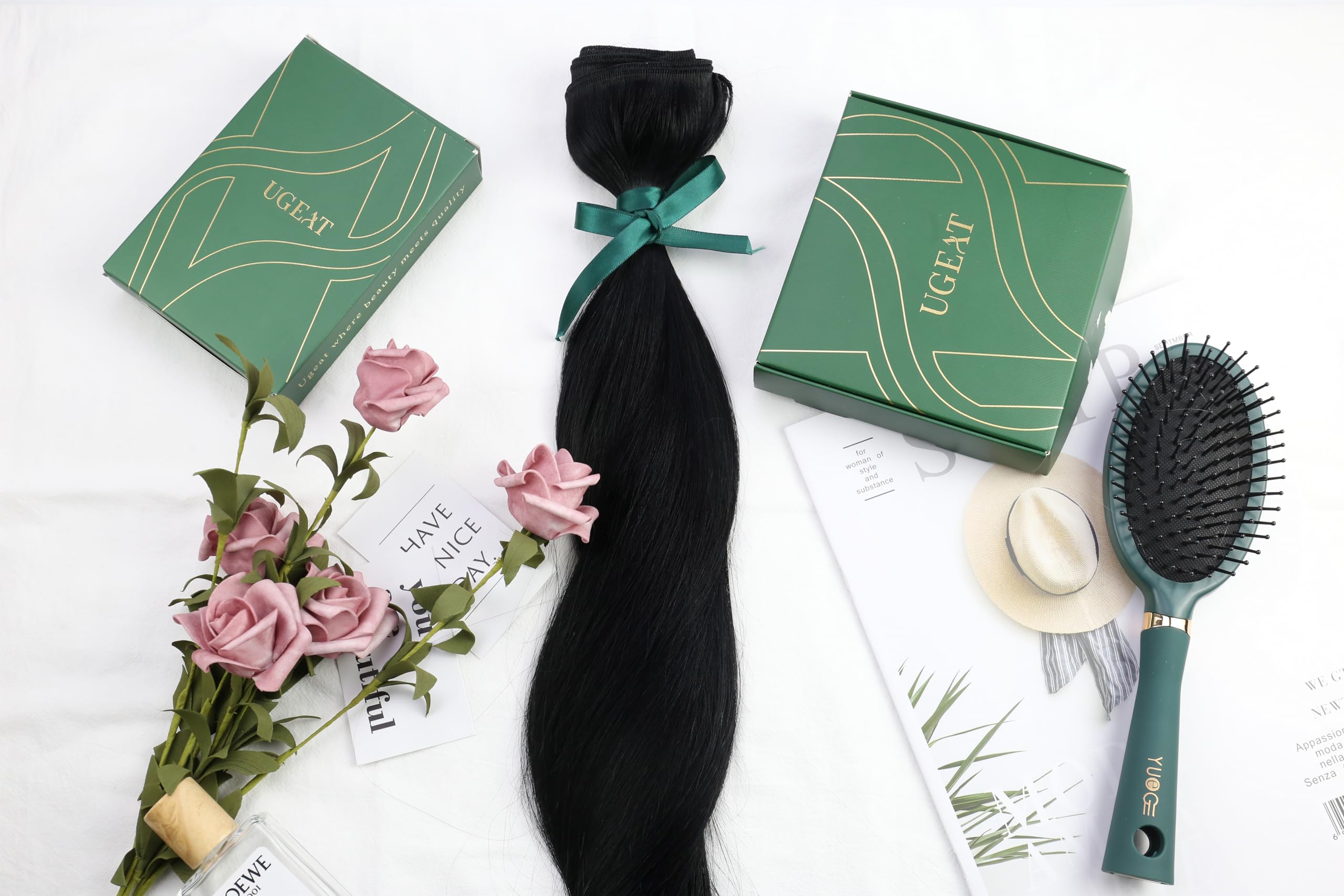 Ugeat 14 Inch Clip In Hair Extensions Real Human Hair #1 Jet Black Double Weft With Lace Human Hair Extensions Clip Ins 8 Pieces