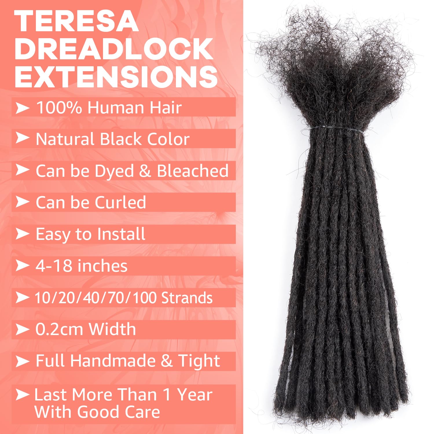 Teresa 6 Inch 0.2Cm Width Loc Extension Human Hair Natural Black 70 Strands Full Hand-Made Permanent Locs Extensions Can Be Dyed