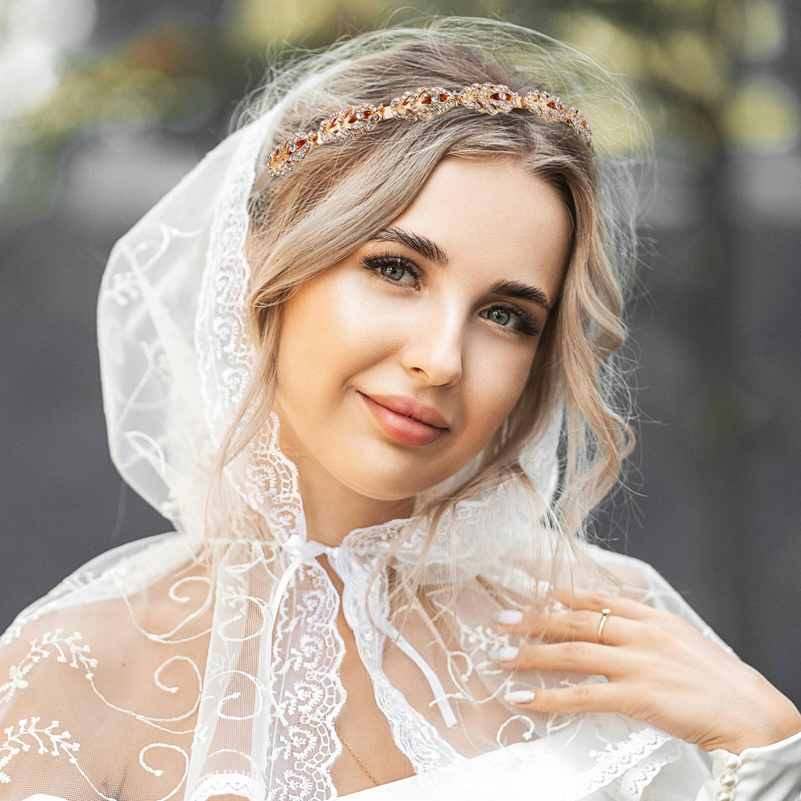 SAFIGLE Bridal Rhinestone Headpiece for Women - Thin Sparkly Jeweled Golden Hair Accessories for Bride, Bridesmaids