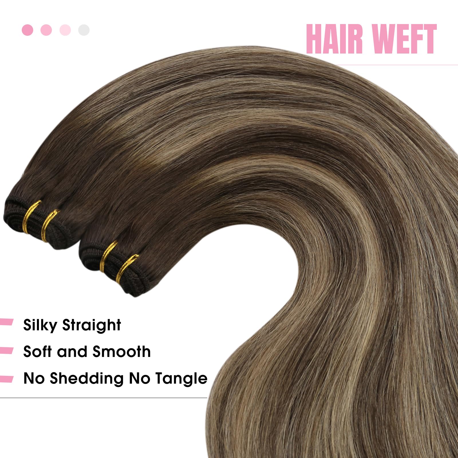 YoungSee Weft Hair Extensions Balayage Human Hair Sew in Extensions Dark Brown Fading to Caramel Blonde Mix Brown Balayage Sew i