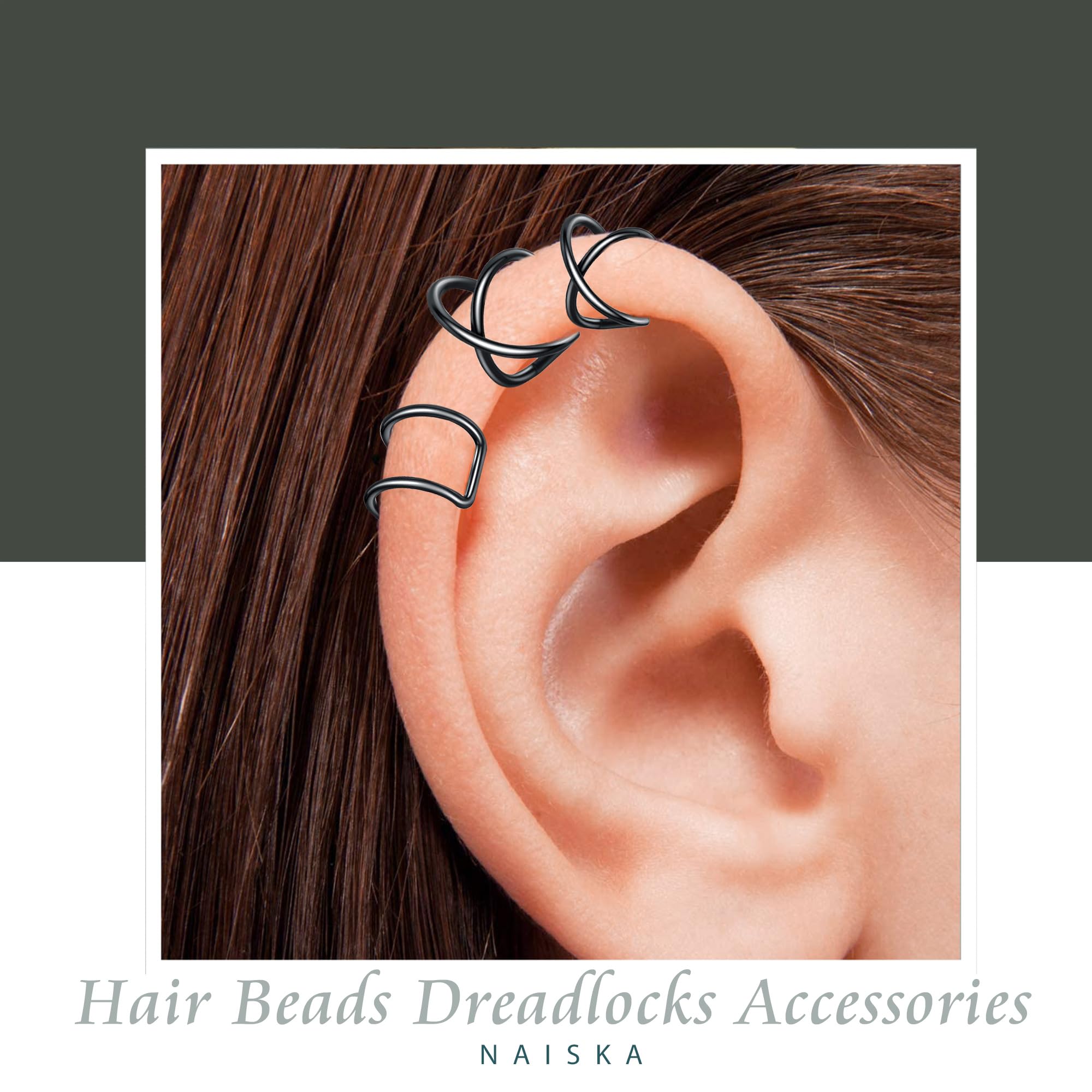NAISKA 24PCS Black Hair Jewelry for Braids with Crystal Rhinestone Loc Dreadlock Accessories Metal Braid Clips Non-Piercing Ear