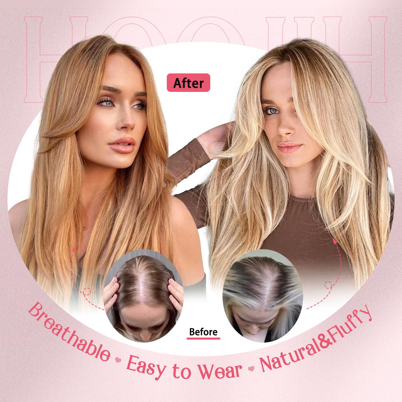 Hoojih Hair Topper, Long Layered Hair Topper With Bangs For Women With Thinning Hair 14 Inch Slightly Curled Ends Wiglets Synthe