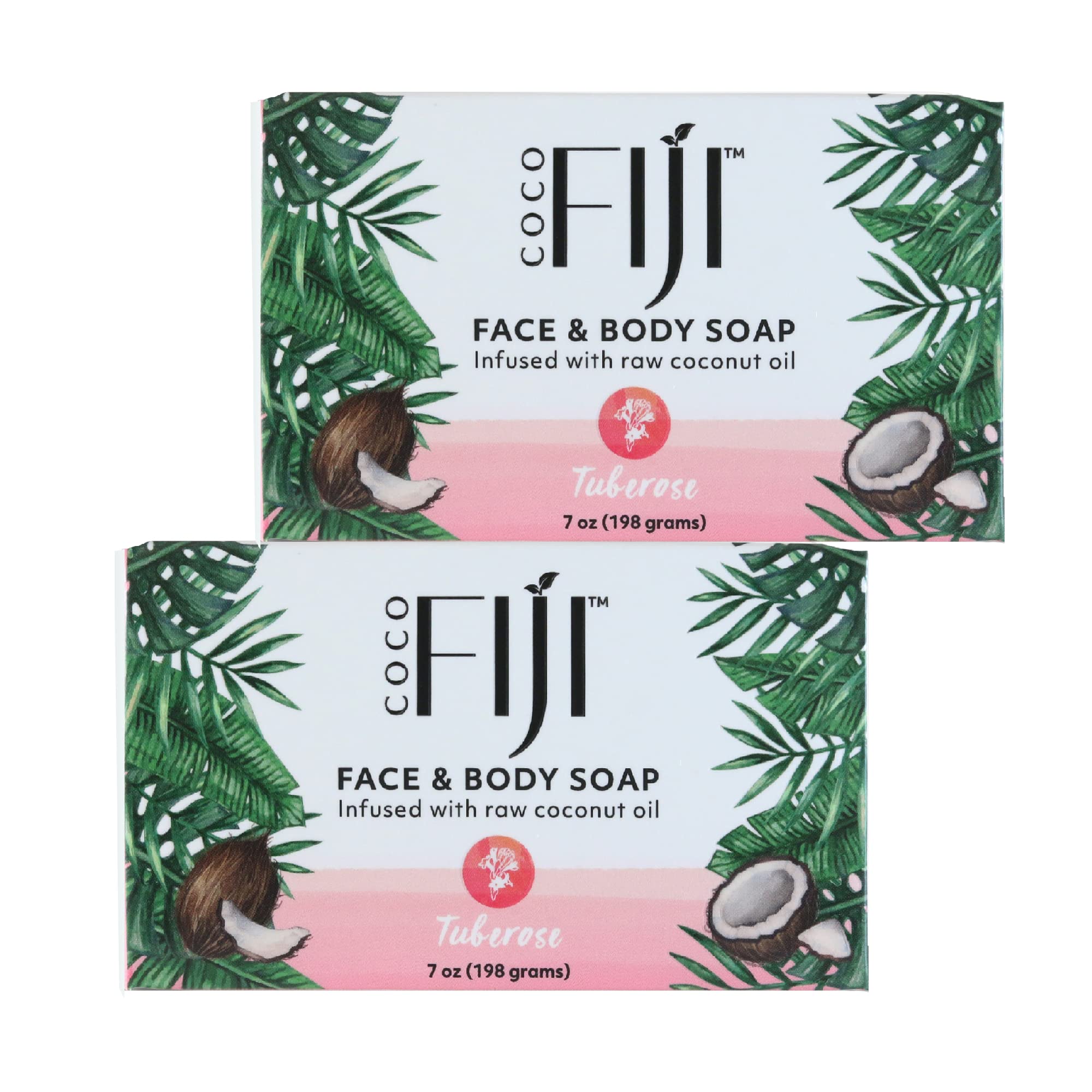 Coco Fiji, Coconut Oil Infused Soap, Bar 7oz (Tuberose, Pack of 2)